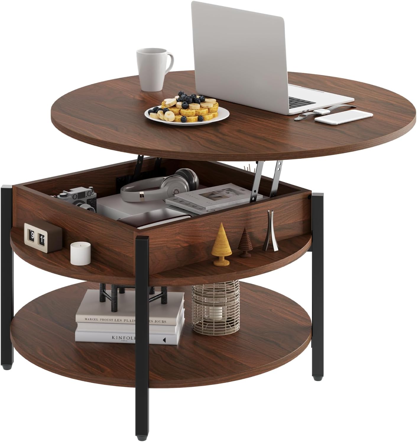 FABATO Round Lift Top Coffee Table with Storage and Hidden Compartment, 26.77'' Farmhouse Coffee Table for Living Room Reception Room, 2 Tier Small Round Coffee Table Circle Dining Table, Espresso