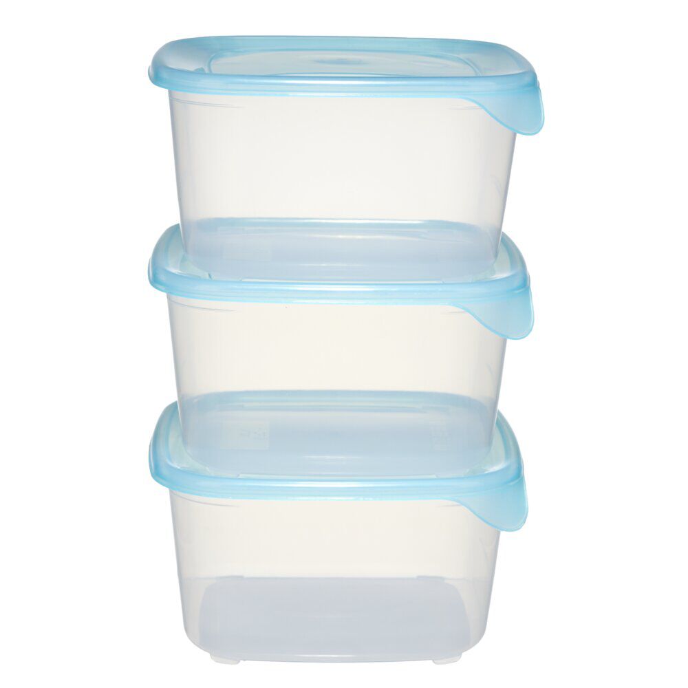 BoÎte alimentaire 1,2L x3 Fresh Go carré plastique transparent et bleu 15,5x15,5cm