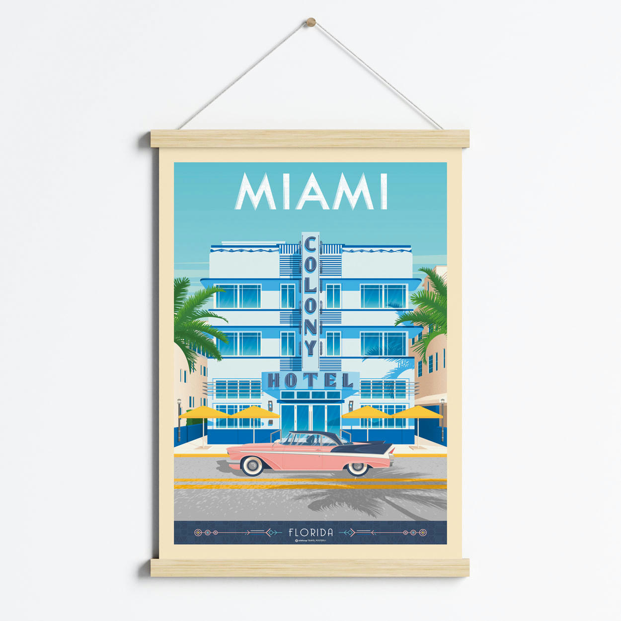 - Affiche Miami Colony Hotel + Cadre Magnétique (Bois) 50x70 cm