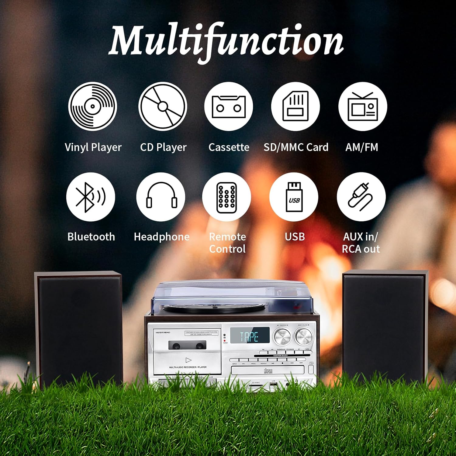 MUSITREND 10 in 1 Record Player with External Speakers,3 Speed Bluetooth Turntable Vinyl Player with CD/Cassette Play,AM/FM Radio, USB/SD Playback,Aux-in/RCA Line Out