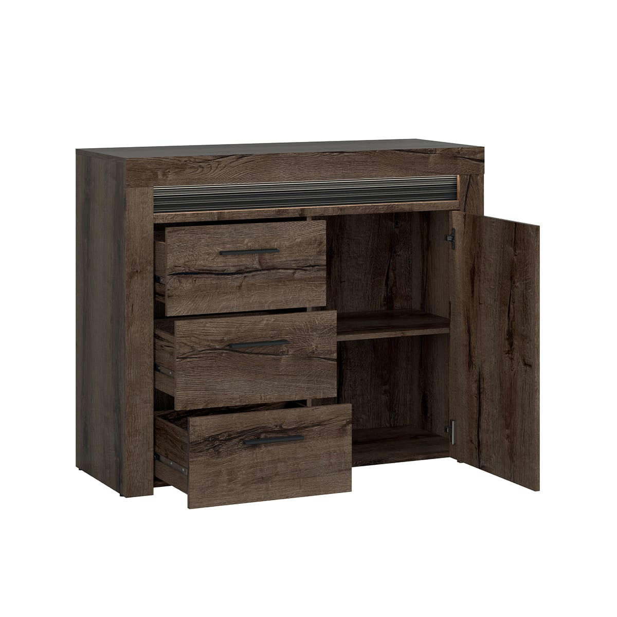 - Buffet 1 porte 3 tiroirs LED inclus panneaux agglomérés naturel foncé