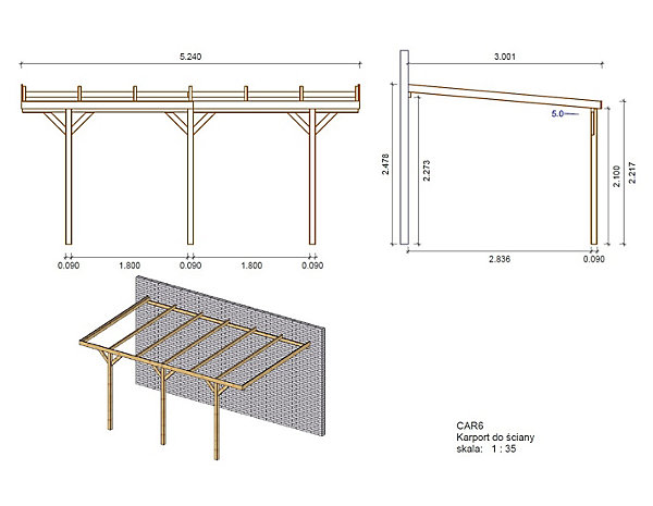 Carport, abri de voiture3x5.24 m - 15 m2 - adossé  - CAR6