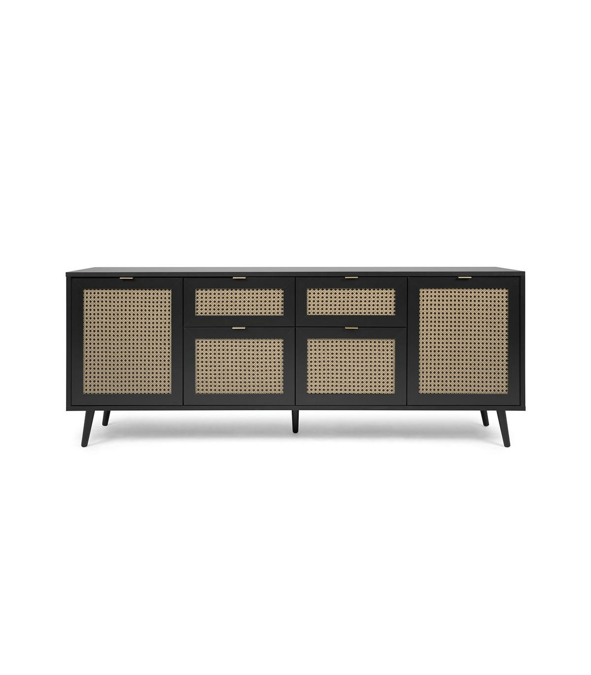 VILLA - Buffet 4 portes 2 tiroirs impression cannage et noir- L180 x H71 cm