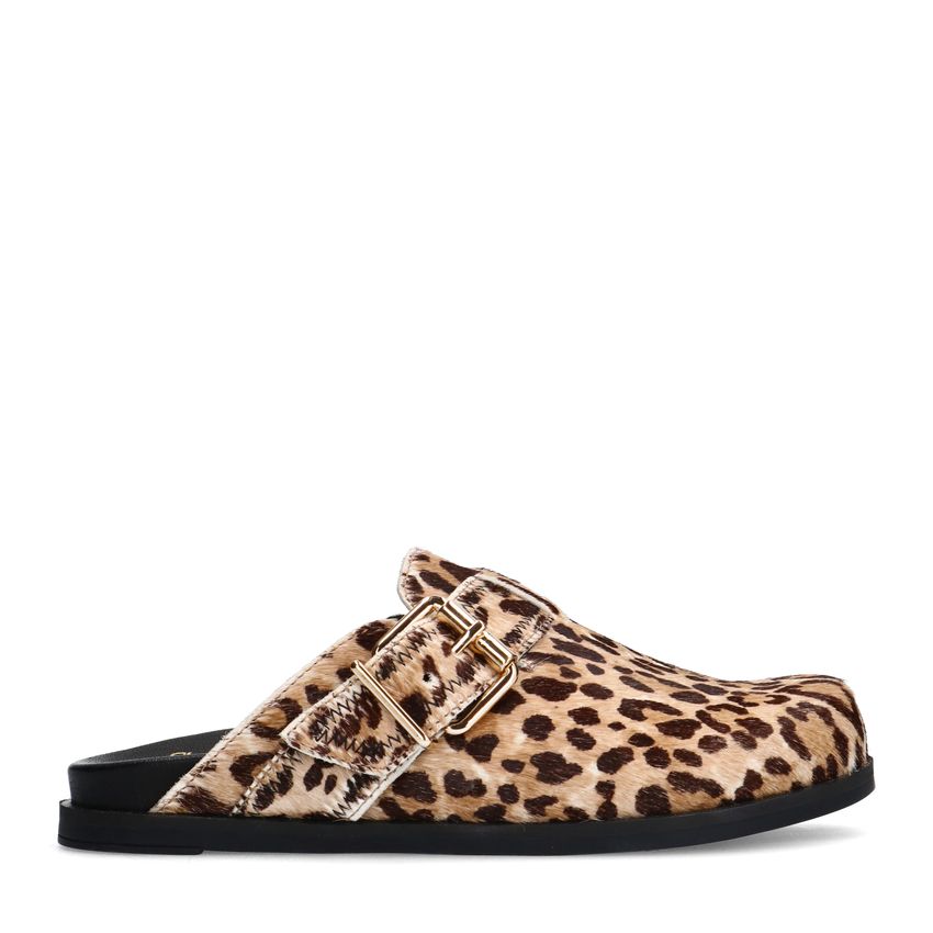 Manfield Leopard clogs met ponyhair