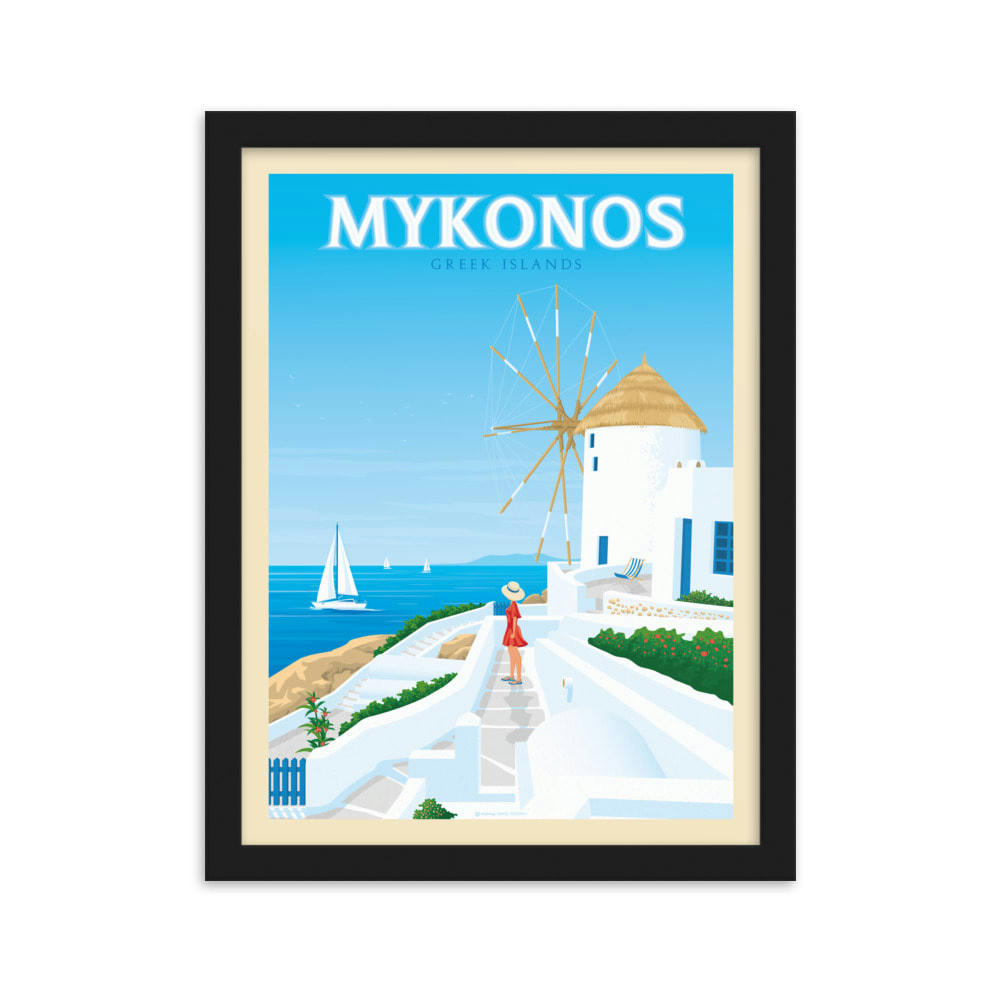 - Affiche Mykonos Grèce + Cadre Bois noir 21x29,7 cm
