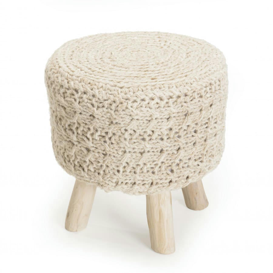 CHARLES - Tabouret rond bois et laine ivoire