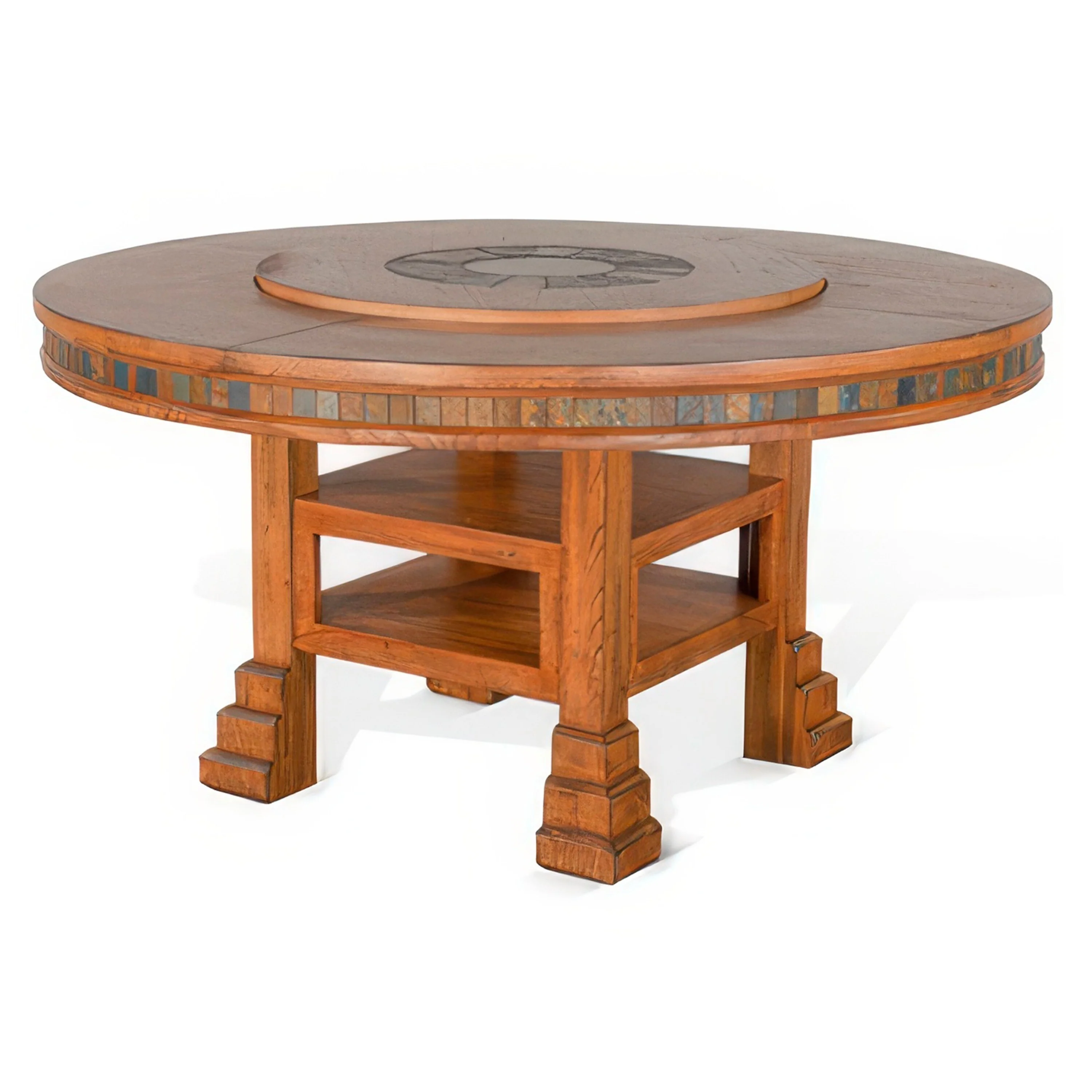 Marv Dining Table w Lazy Susan, 2 Shelves, 60 Inch Round Natural Brown