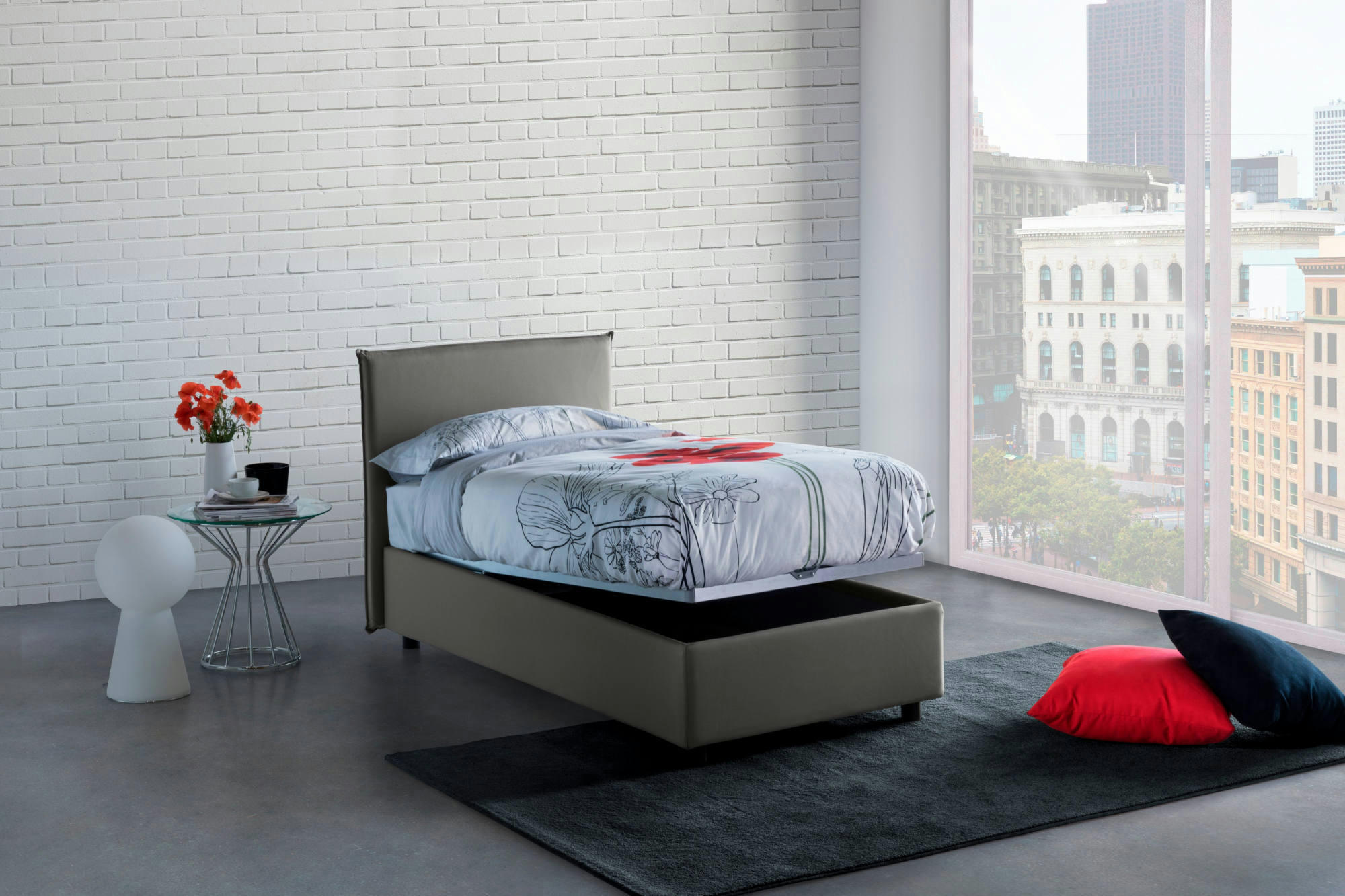 BEATA - Lit coffre 140x190 cm en tissu gris