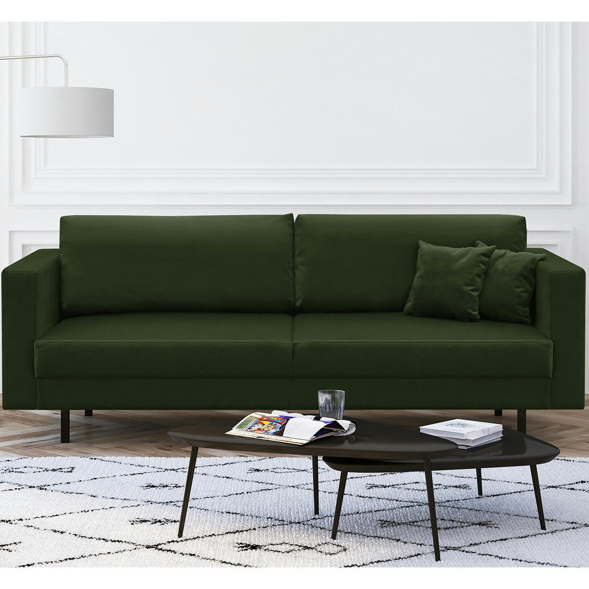 PIA - Canapé 3 places en velours vert forêt, pieds en métal noir