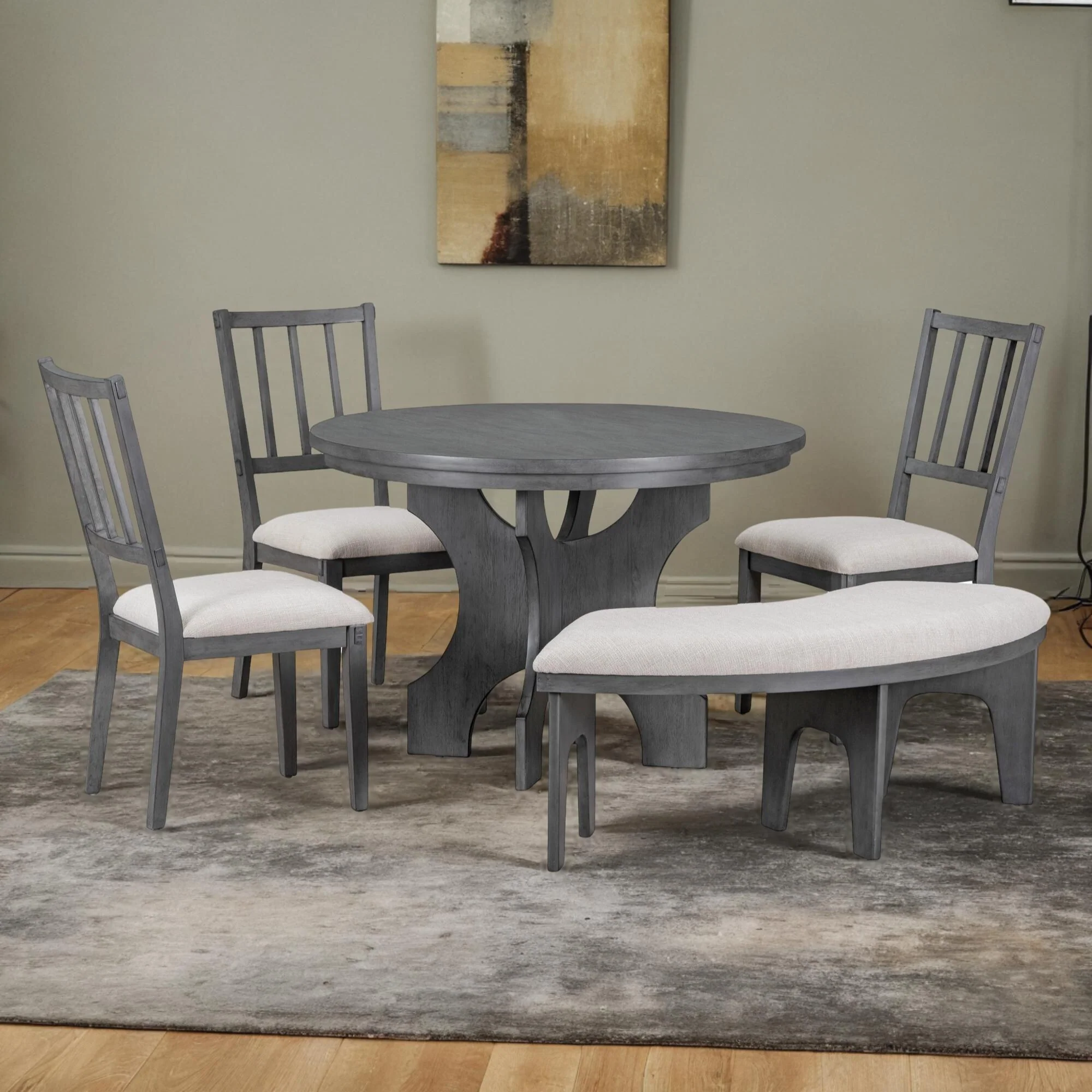 5-Piece Dining Table Set, 44 Round Dining Table with Curved Bench & Side Chairs for 4-5 People for Dining Room and Kitchen