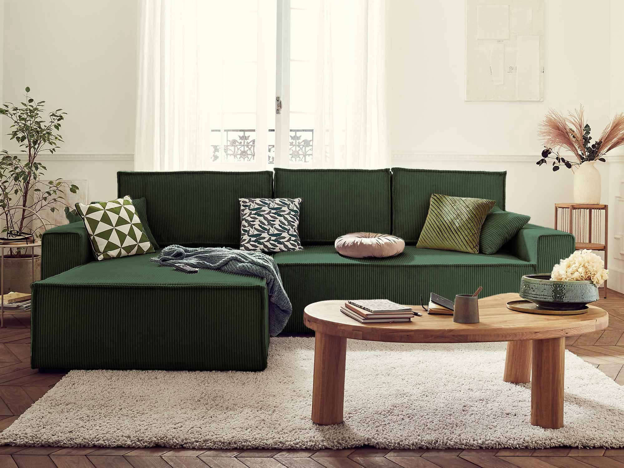 DELLIA - Canapé d'angle réversible convertible 4 places en velours côtelé vert