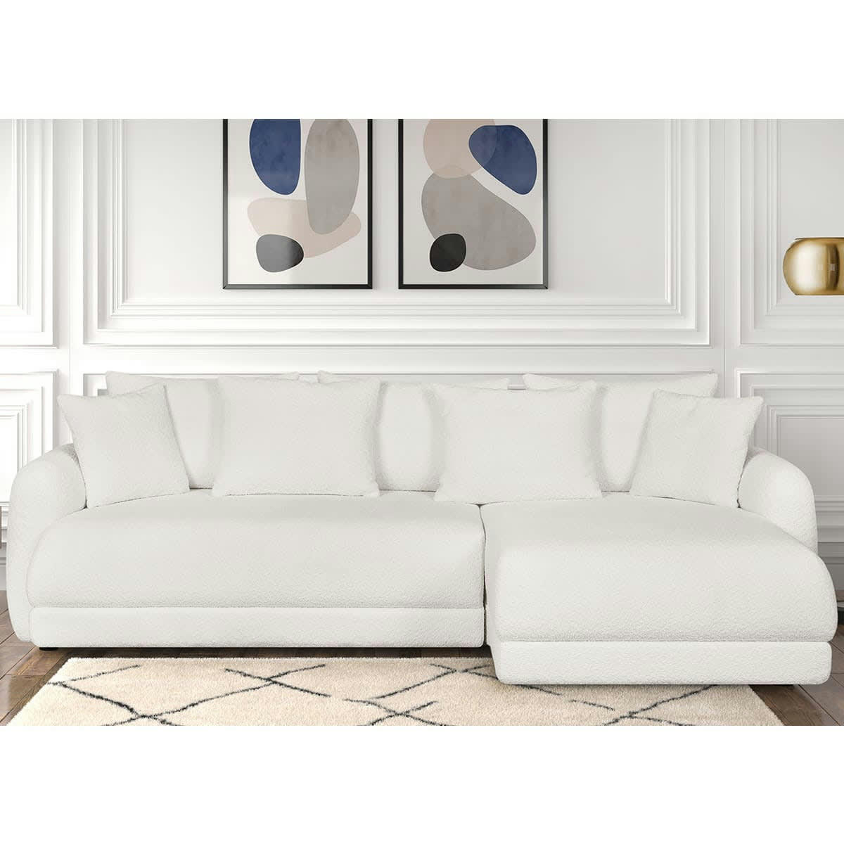 GIULIA - Canapé d'angle droit 5 places convertible + coffre, tissu bouclé écru