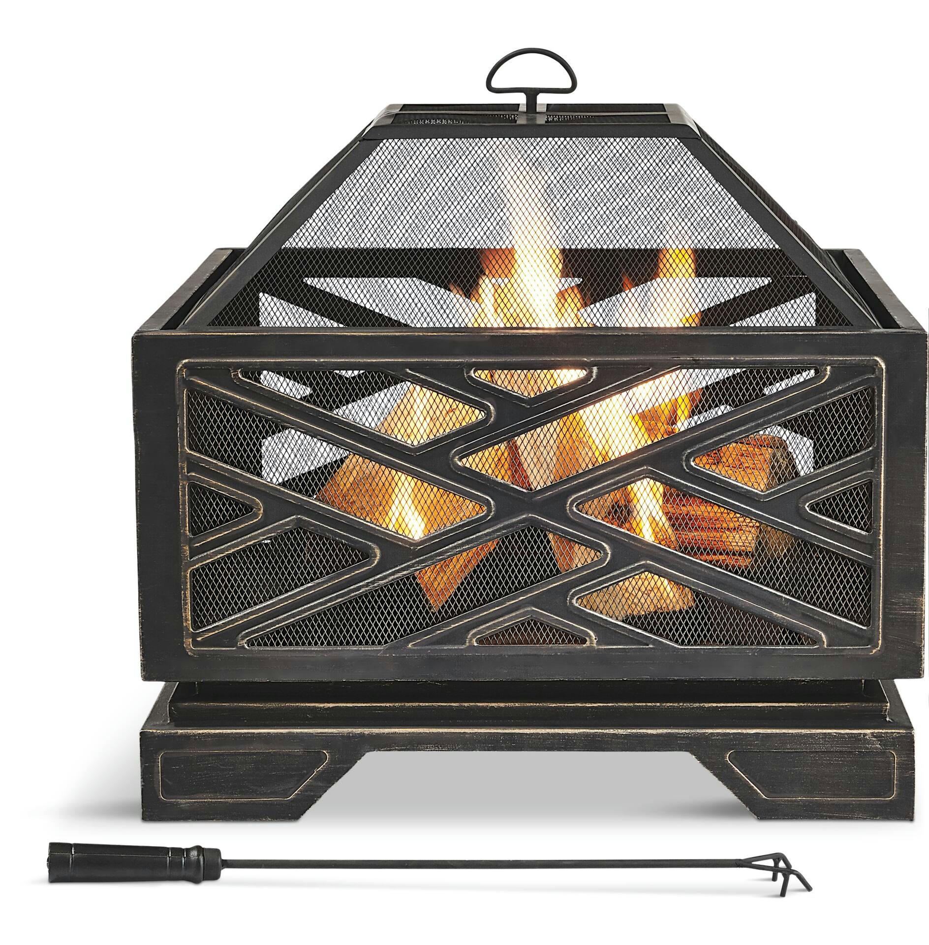 For Living Lawrence Steel Outdoor Wood Burning Fire Pit w/Fireplace Poker,  25 x 25 x 26-in