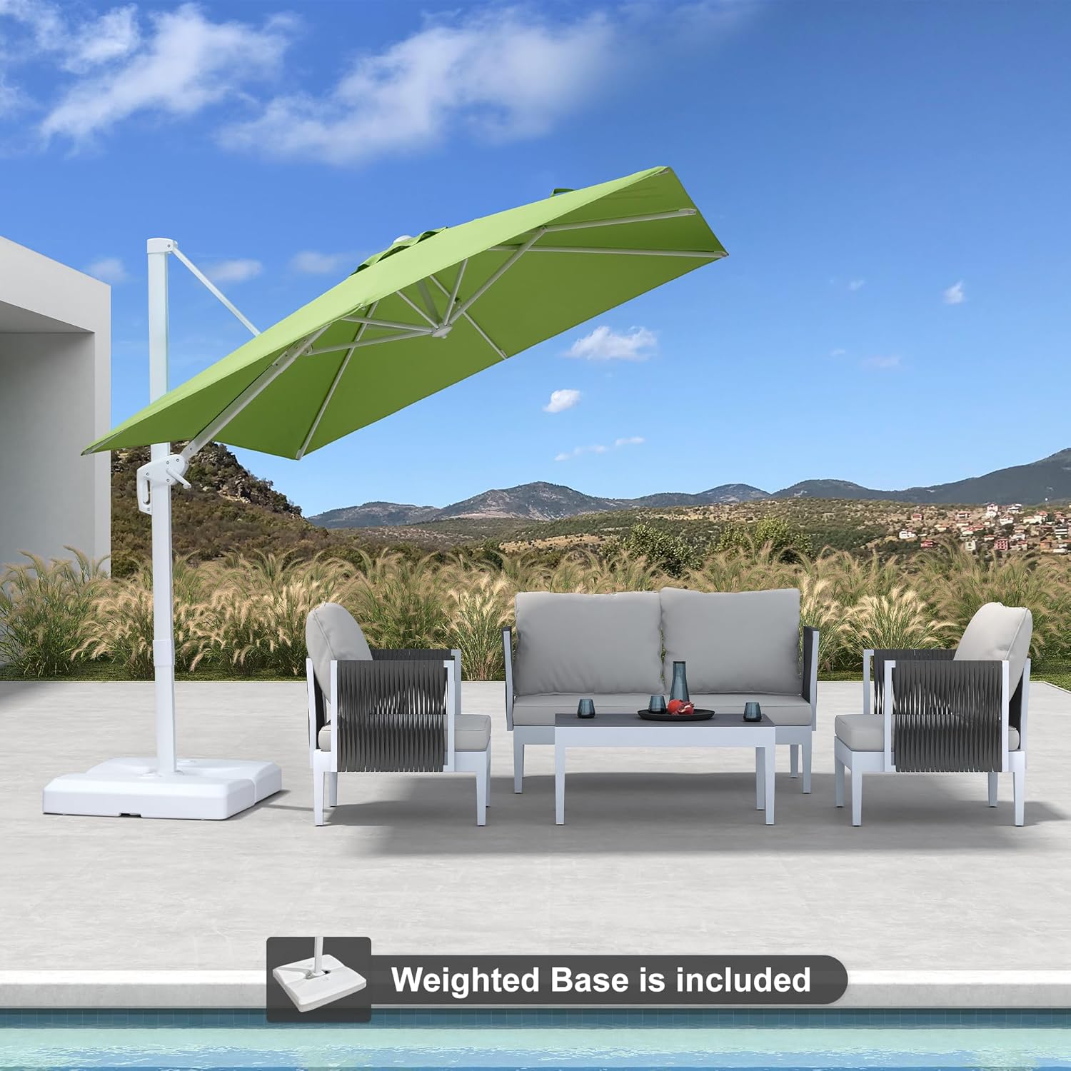 PURPLE LEAF 8 FT Patio Umbrella With Base White Cantilever Umbrella Square Outdoor Offset Umbrella Windproof with 360° Rotation for Garden Deck Pool, Macaw Green