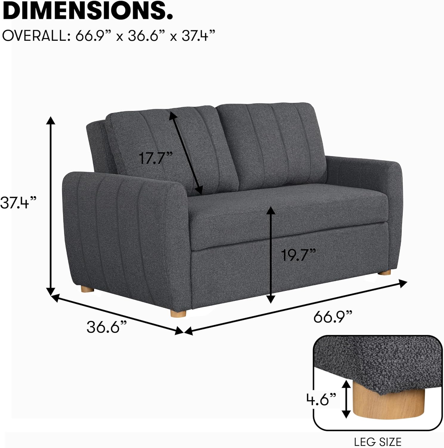 Serta Galway 66.5 Convertible Sleeper Loveseat, Full Size, Dreamcoil Comfort, FingerGuard Pinch Point Protection, Boucle Fabric, Charcoal
