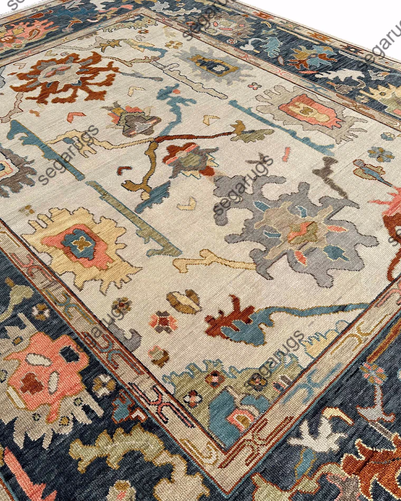 Hand Knotted Oushak Rug, Vintage Turkish Style Wool Area Rug, Handmade Beige Floral Carpet, Living Room Rug, Custom Size Oushak Rug