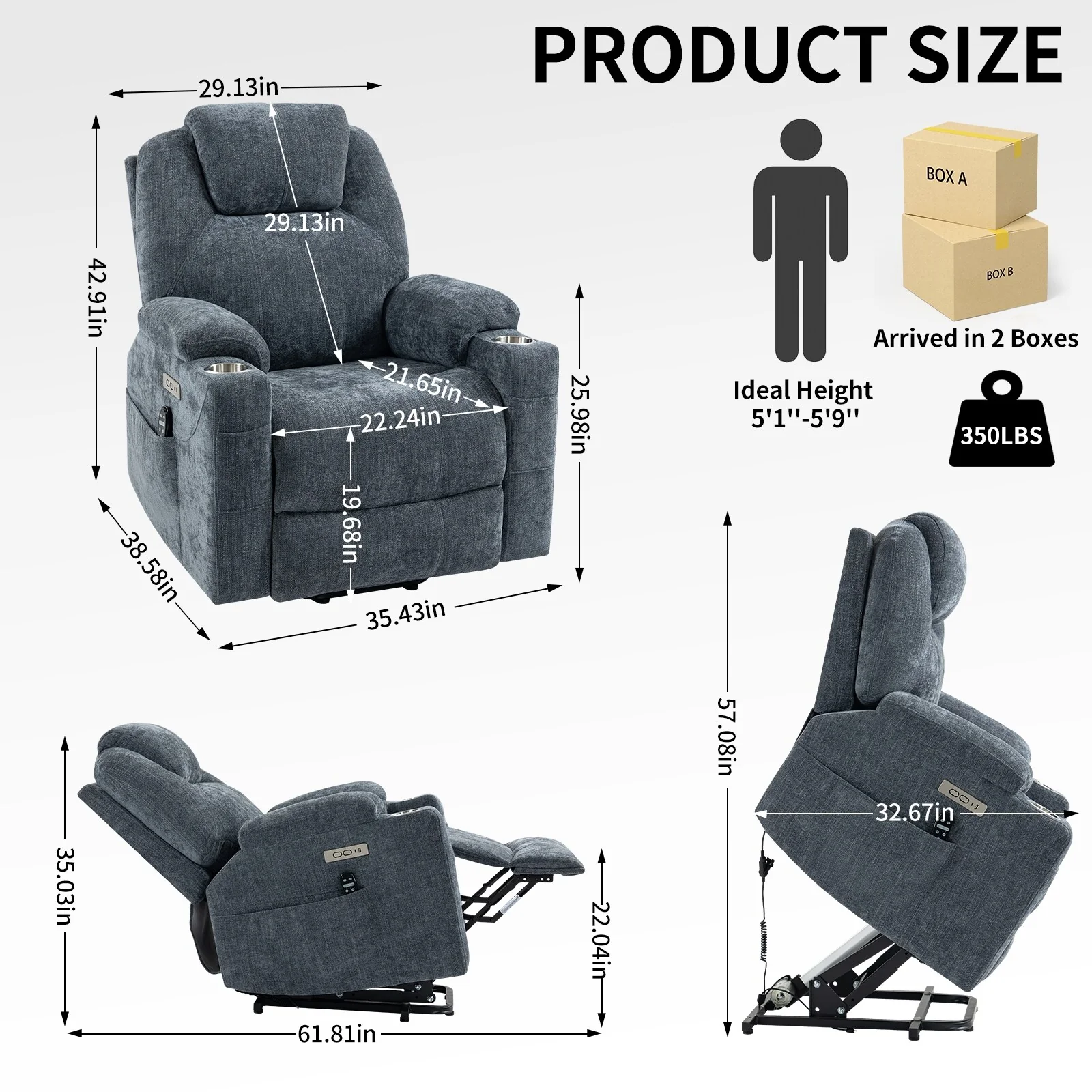 Blue Recliner Chair with 8-Point Vibration Massage, Lumbar Heating, Dual USB Ports, and Stainless Steel Drink Holders
