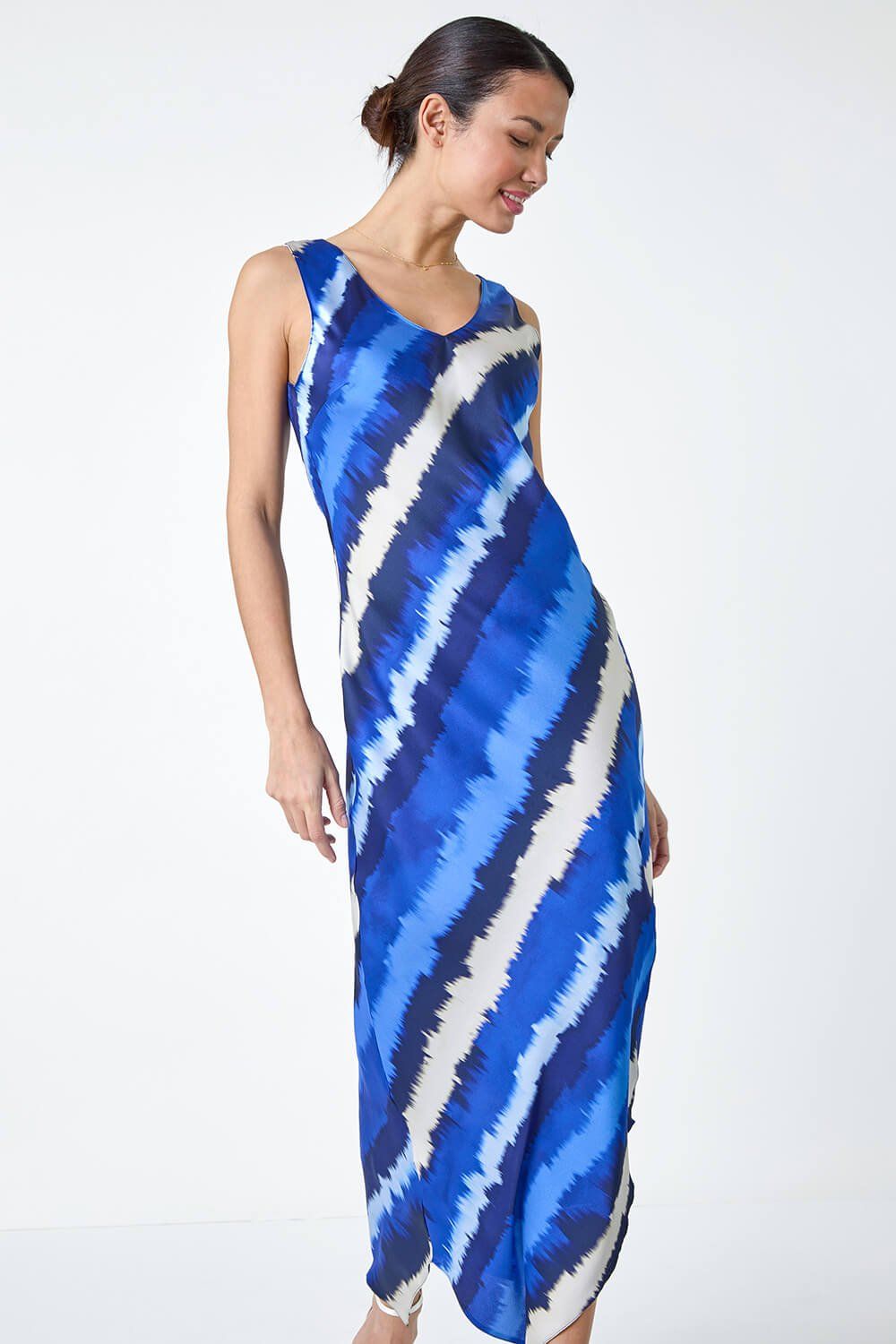 Roman Stripe Print Satin Bodycon Midi Slip Dress
