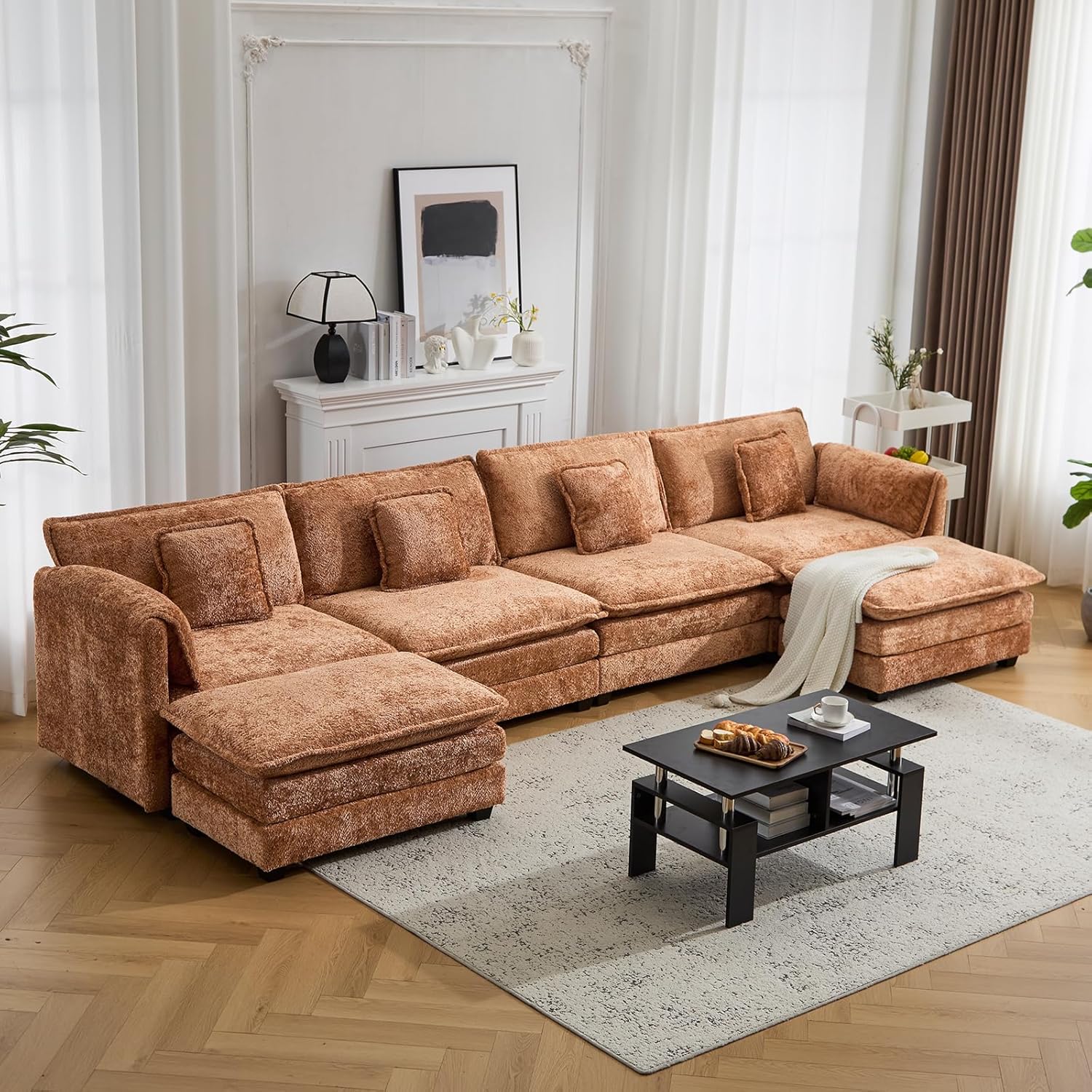 147.8 U Shaped Modular Sectional Sofa, Comfy Cloud Couch with Movable Ottoman, Deep Seat Modular Sofa, Sectional Couches for Living Room, Bedroom, Apartment (Orange)