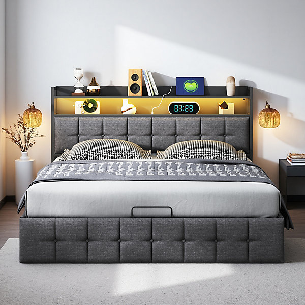 Lit Coffre 160x200 avec Rangement, LED, Sommier à Lattes, Prises USB/Type-C, Lit Double en Lin, Gris