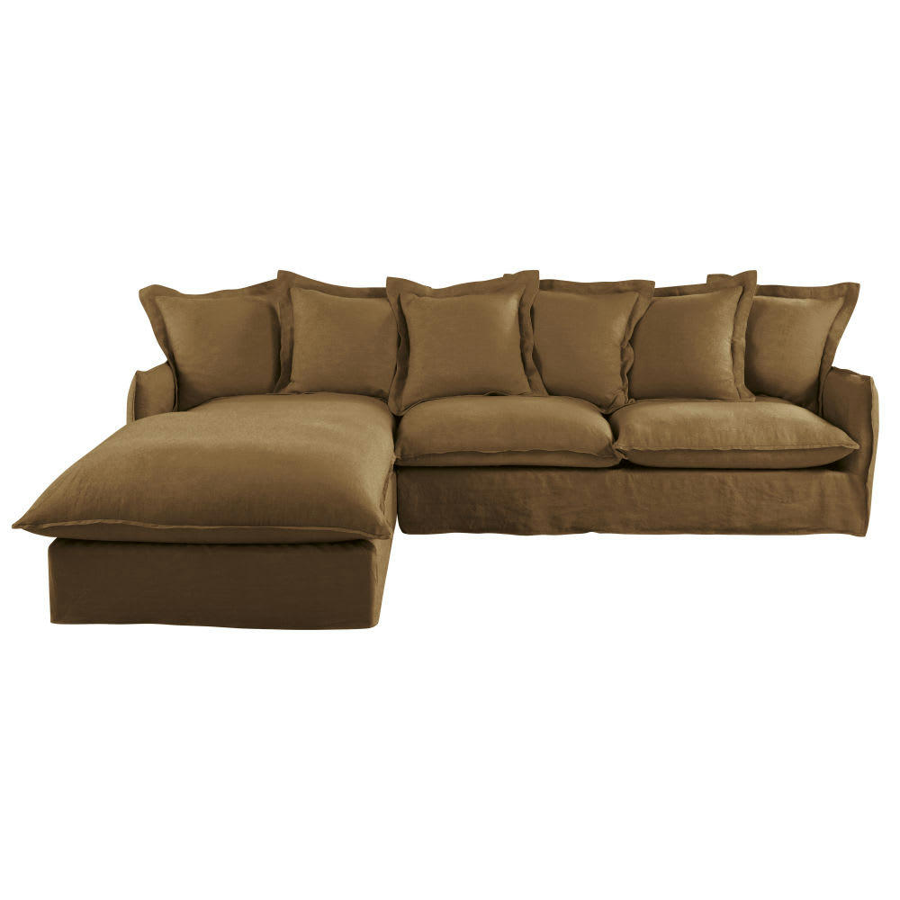 Barcelone - Canapé d'angle gauche convertible 5/6 places en lin froissé marron havane, matelas 6 cm