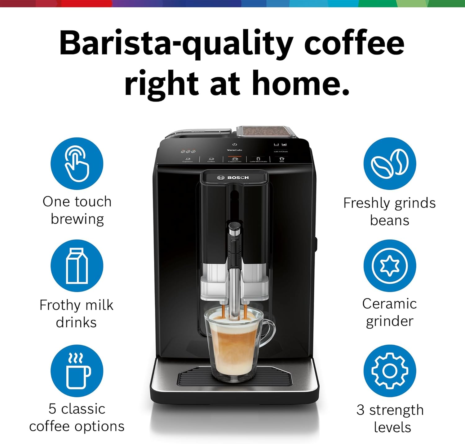 Bosch 300 Series Fully Automatic Espresso and Coffee Machine – One Touch Milk Drinks, Built-In Ceramic Grinder, In-Cup Frother, Easy Clean and Descale, Black TIU20109