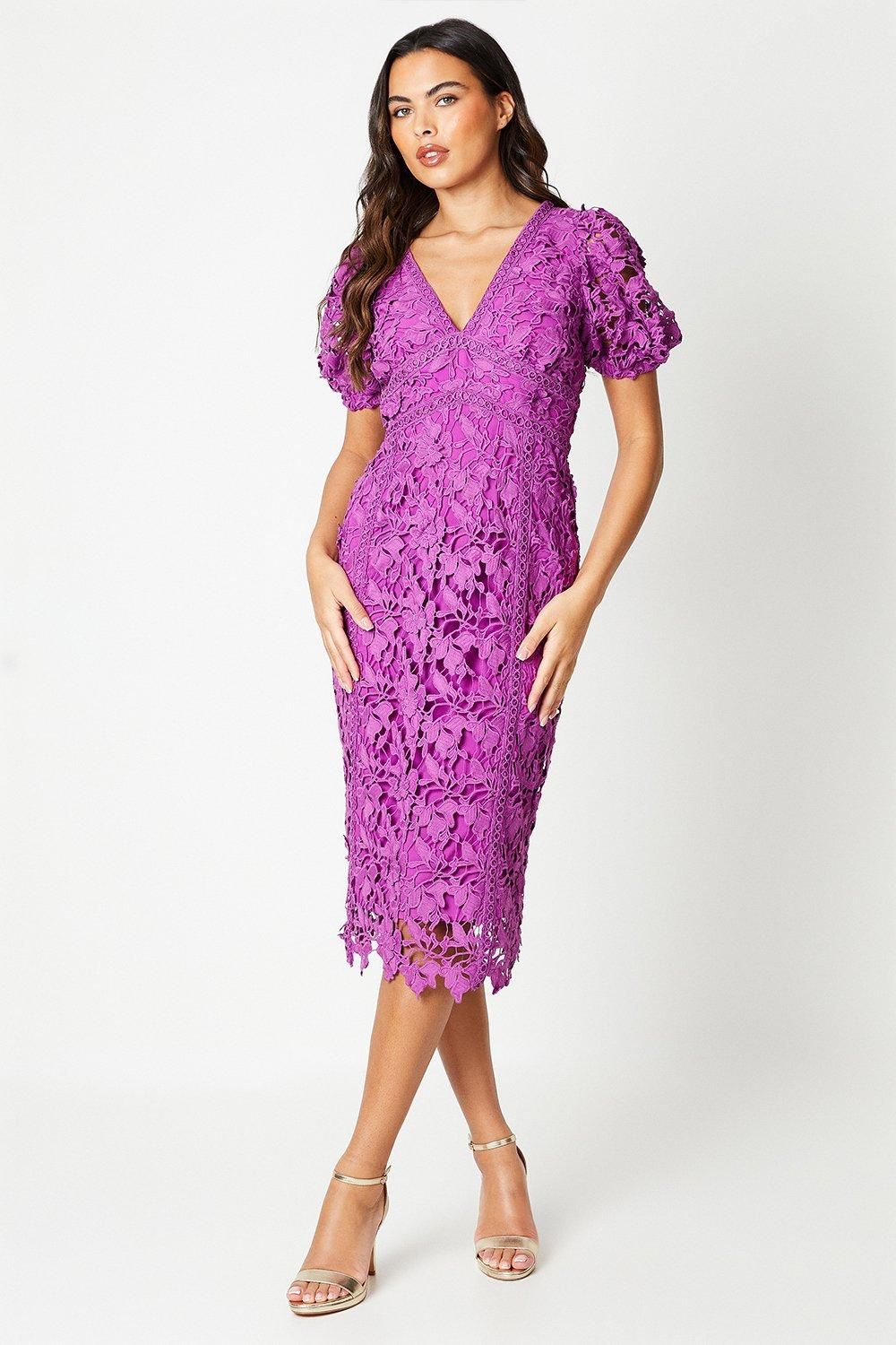 Coast Lace Pencil Midi Dress With Puff Sleeve