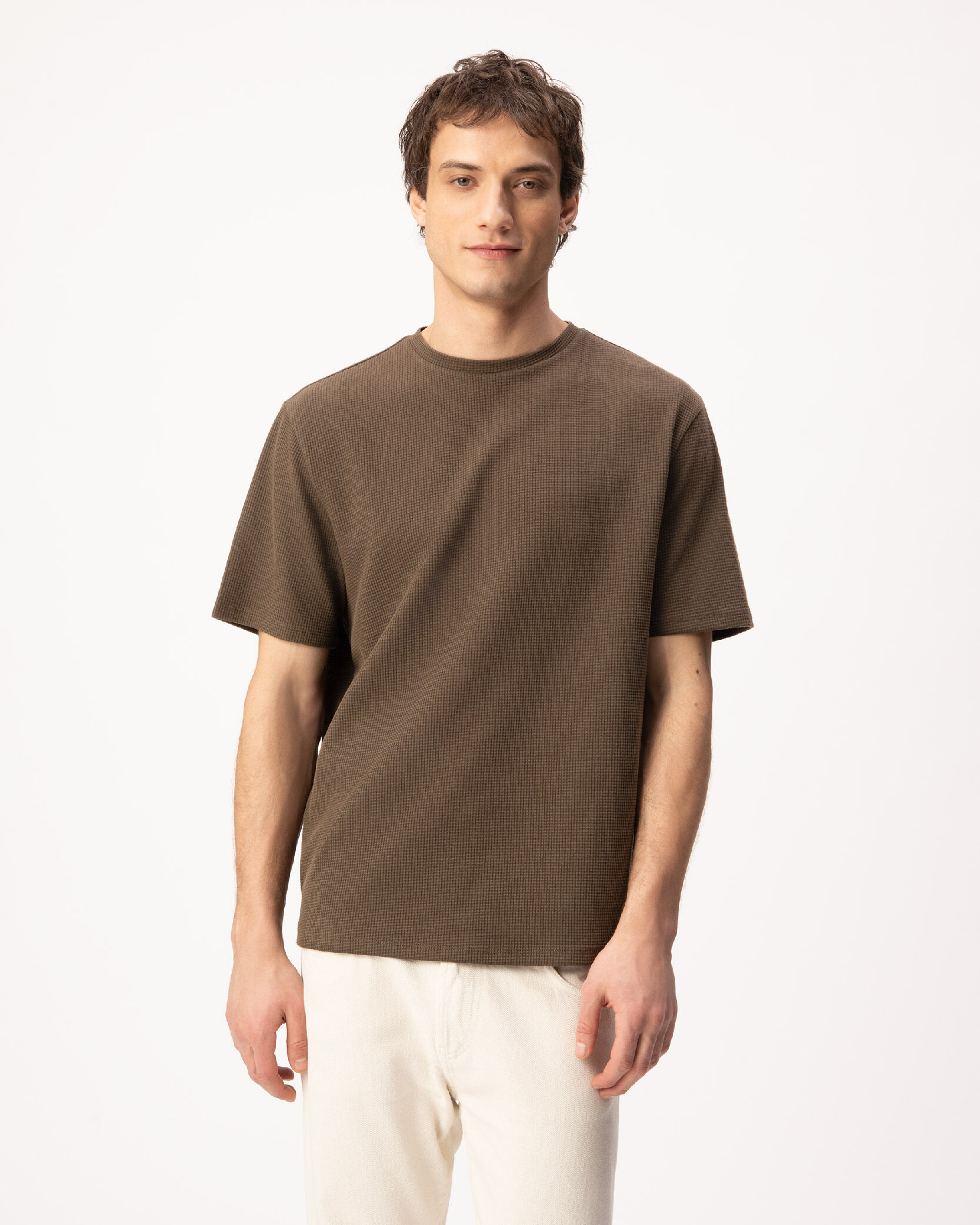 T-shirt col rond kaki nid d'abeille visuel dos Homme