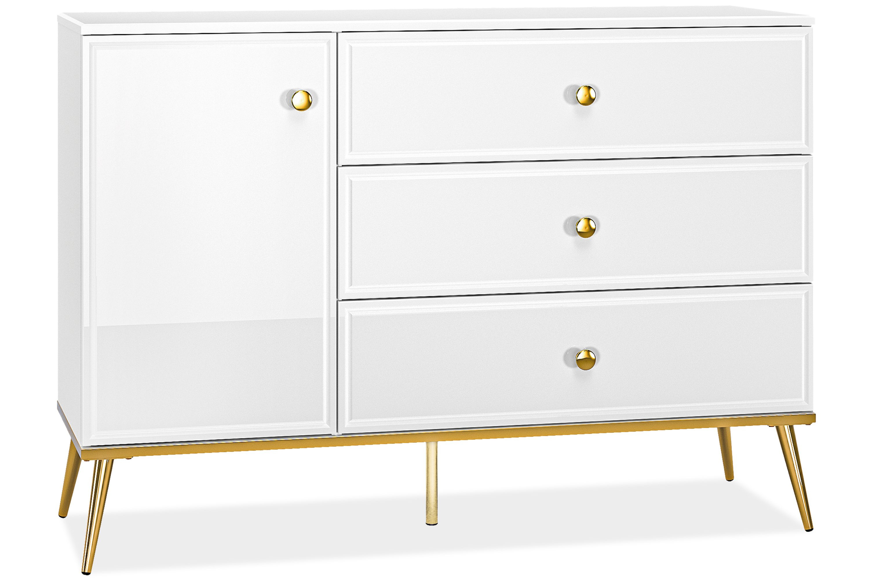KONSIMO ISORIA Elegancka komoda 120 cm biały połysk, złote elementy glamour