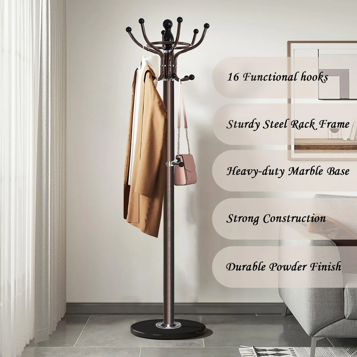 Metal Coat Rack Freestanding 16 Hooks, Entry-way Coat Racks Stand with Natural Marble Base Hall Tree, Easy Assembly