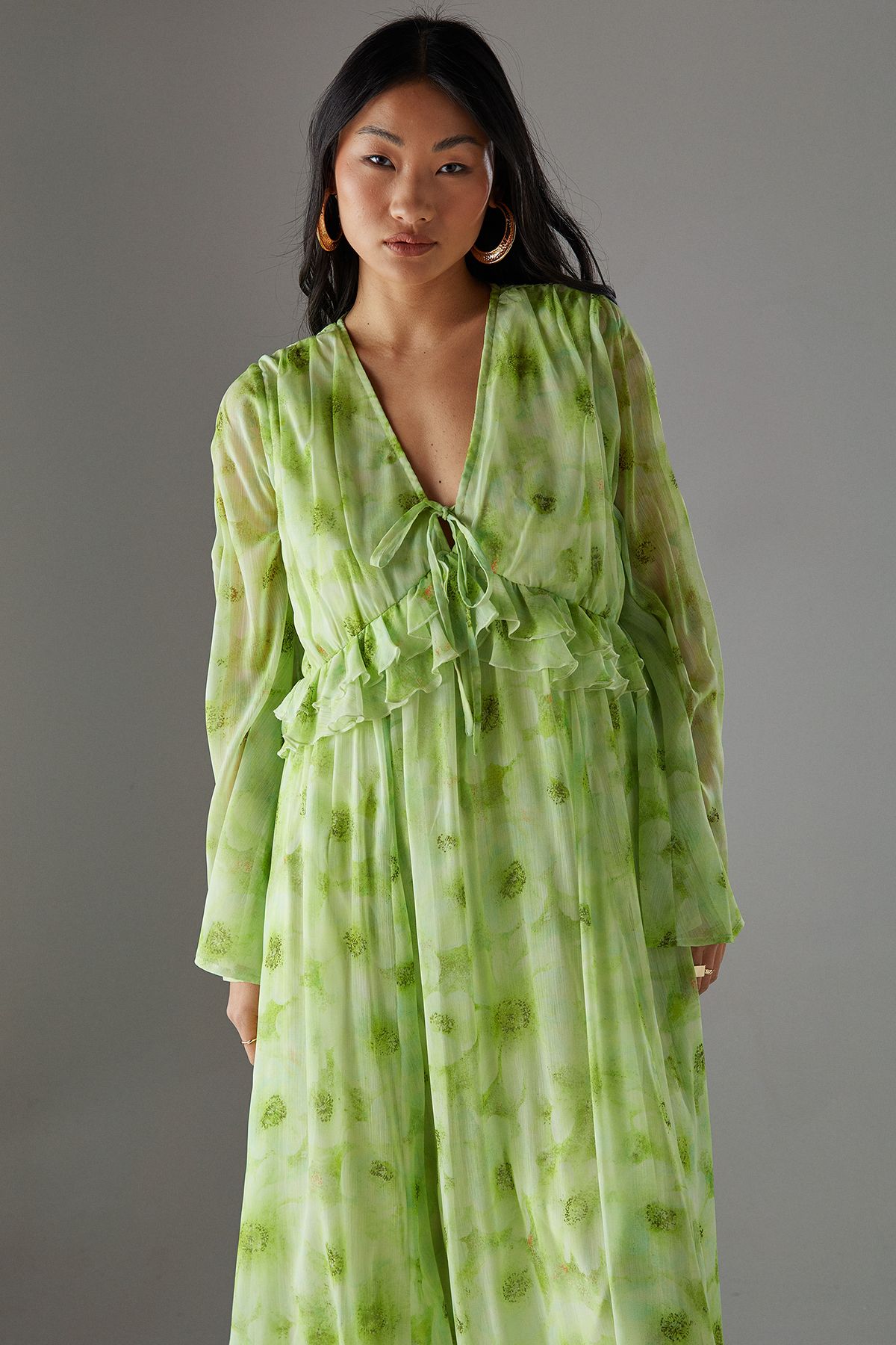 Warehouse Petite Chiffon Plunge Neck Ruffle Midi Smock Dress
