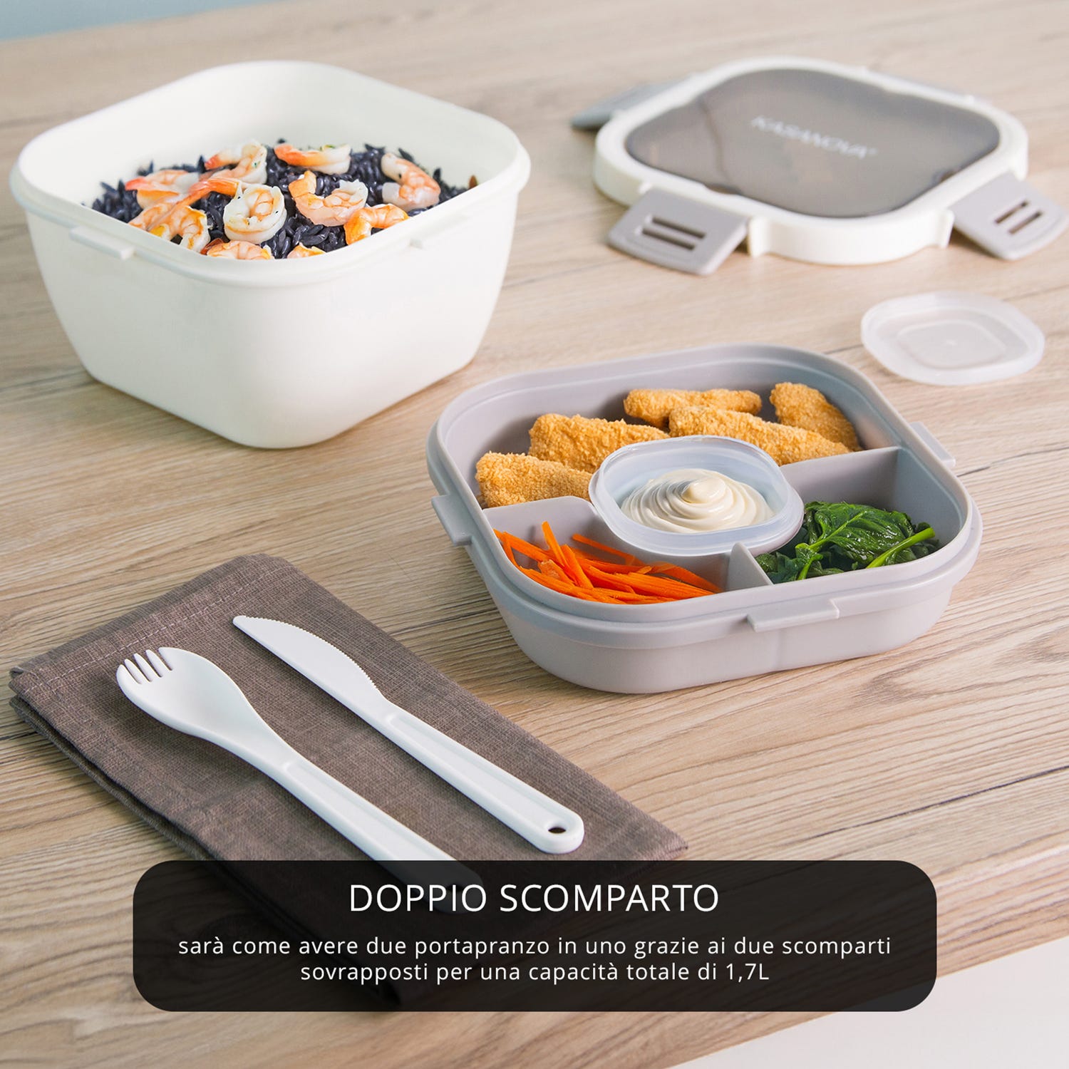 Porta pranzo quadrato 2 scomparti e posate Clicks bianco