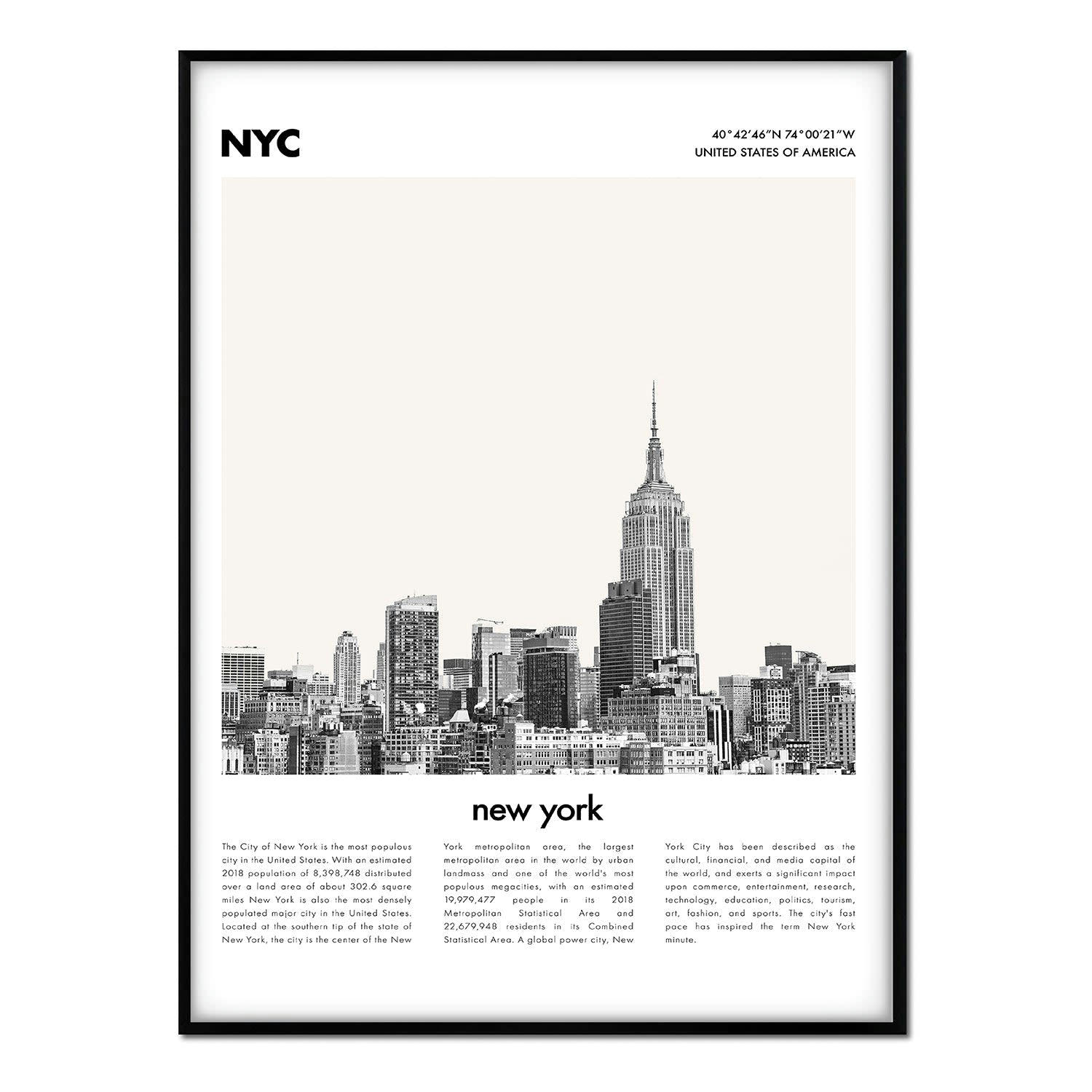 CIUDADES - Affiche avec cadre noir - Description New York - 50x70