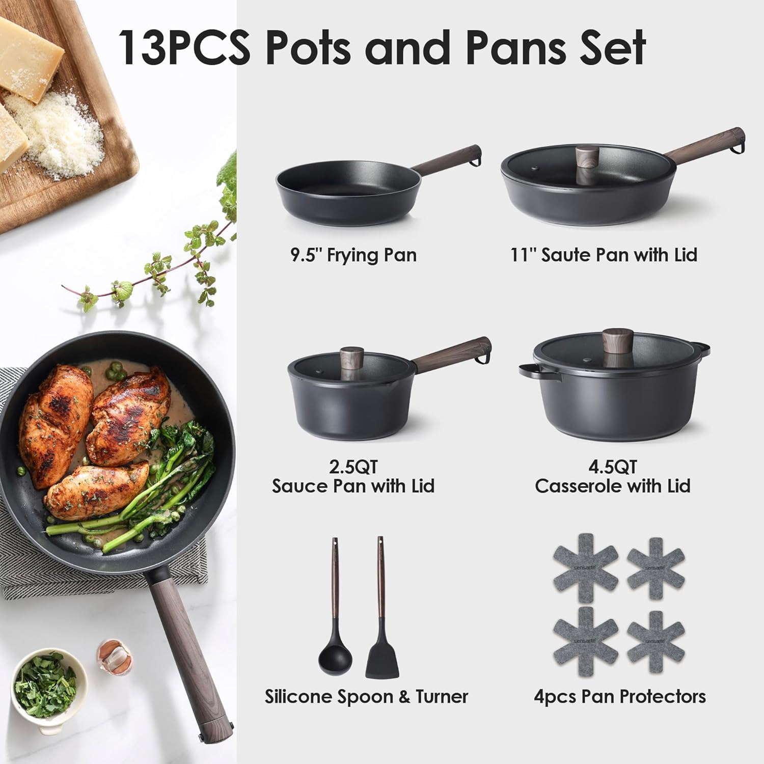 SENSARTE 14Pcs Pots and Pans Set Nonstick Cookware Set Kitchen Cooking Frying Pans with Stay-cool Handle, Dishwasher Safe, Induction Compatible, PFOA/PFOS Free, Black