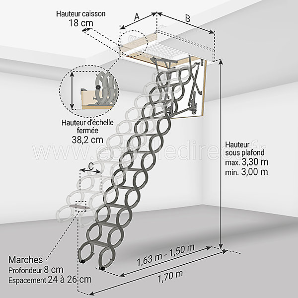 Echelle escamotable en métal - Trémie de 51 x 80cm - Hauteur de 3.00 à 3.30m - LST5180/330