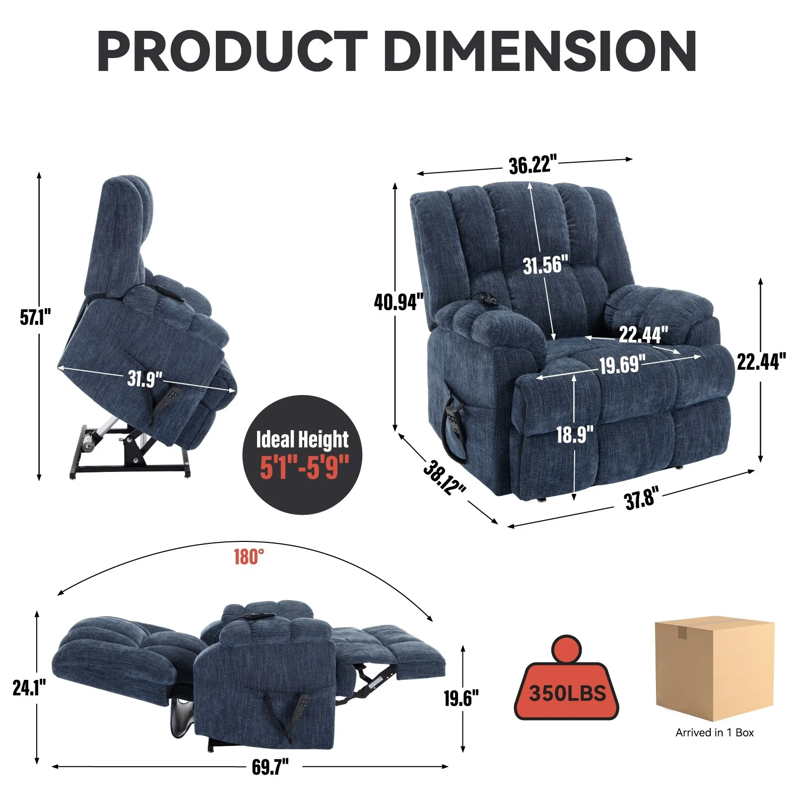 Dual Motor Power Lift Recliner featuring Heat, Massage, Infinite Positioning, Remote Control, and Lumbar Support