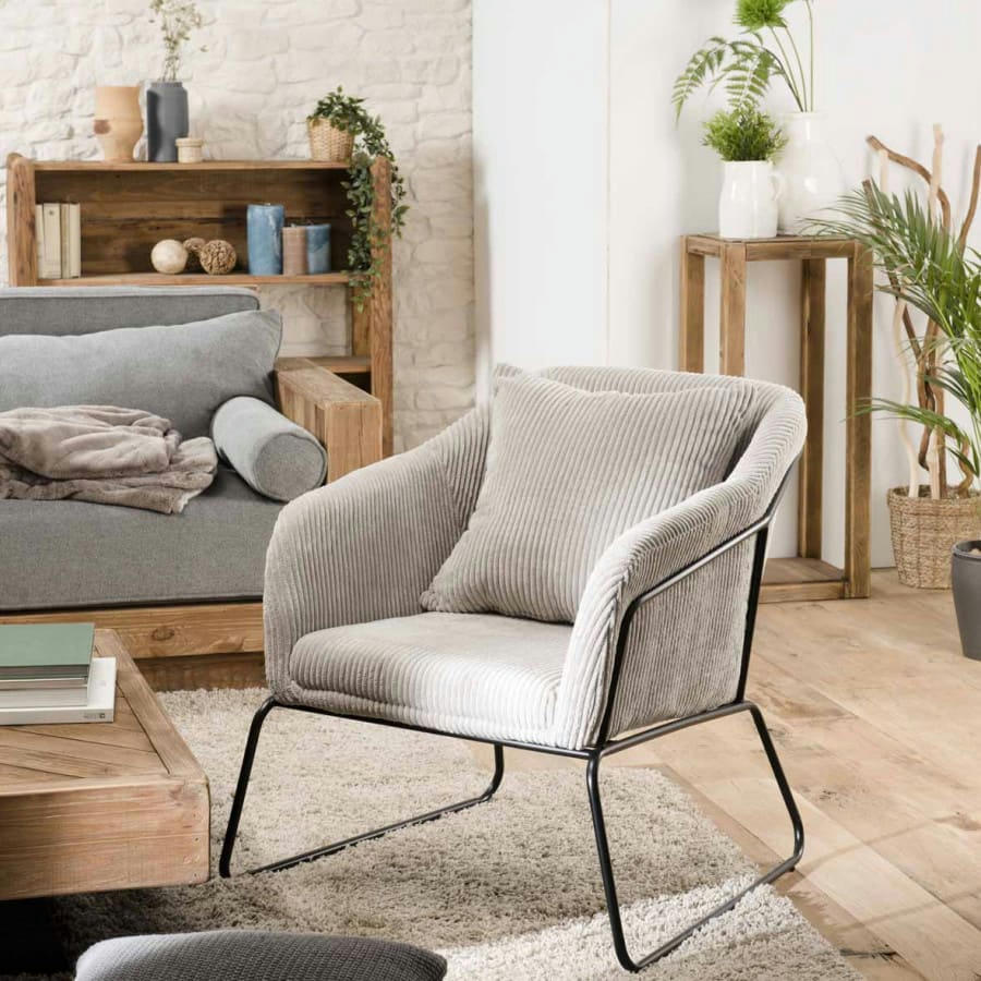 ALBANE - Fauteuil en tissu velours cotelé gris perle pieds évasés métal