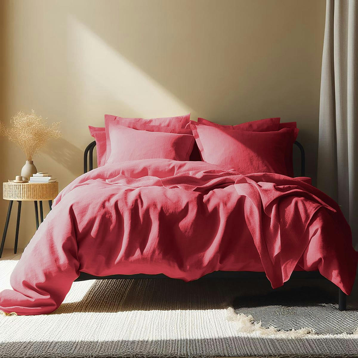 HORTENSE - Drap housse lin lavé  140x190x30 rose framboise