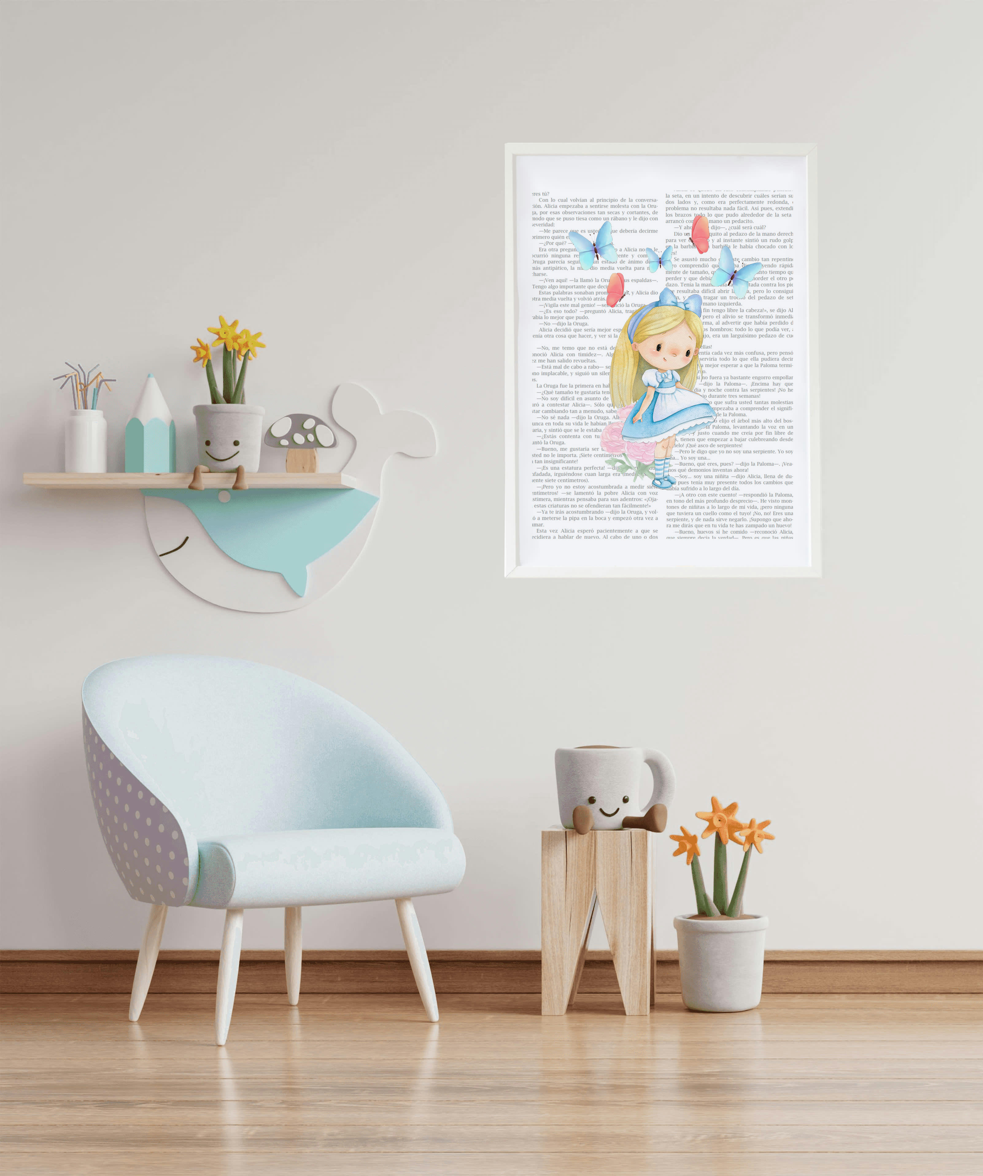 DECOWALL - Impression l'histoire d'Alice encadrée en bois blanc 43X33 cm