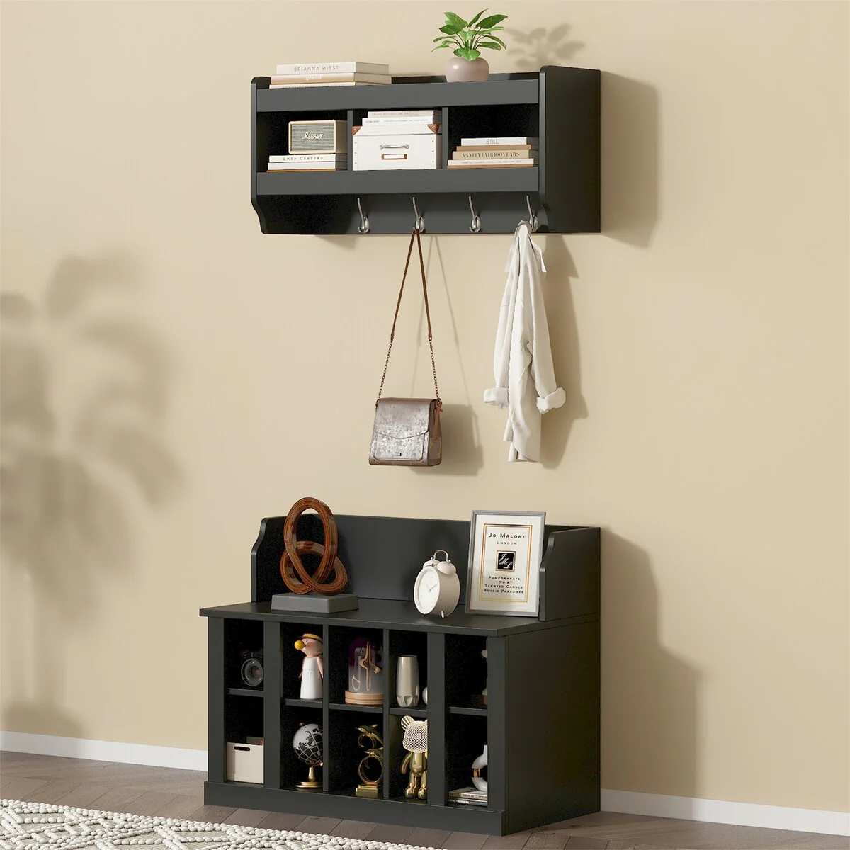 Shoe Storage Bench with Shelves and 4 Hooks