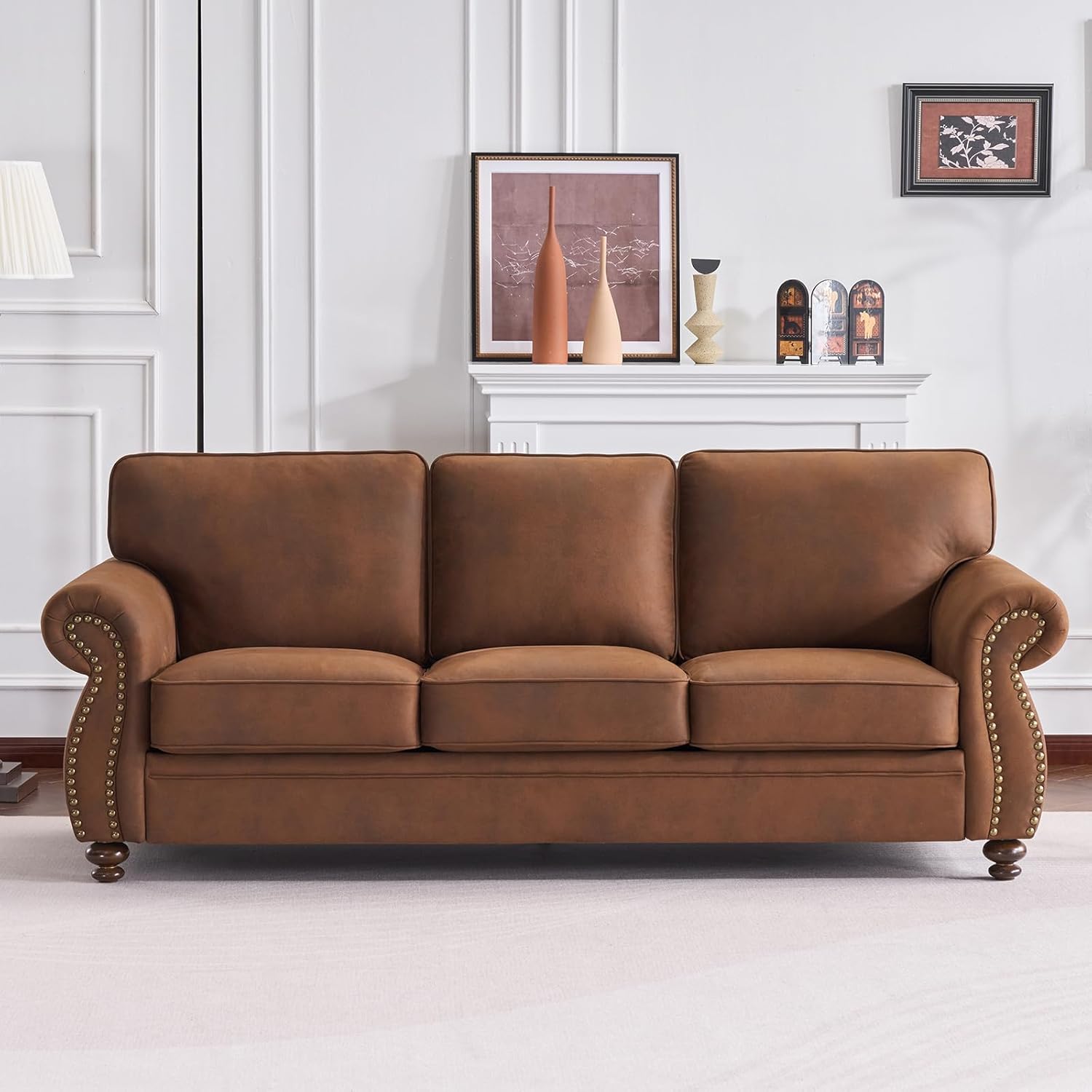 Mid-Century Vintage Sofa Couches with Rivet Design,3-Seater Sofa,Removable Sofa Cover Upholstered Cushions and Solid Wood Frame (Caramel, 3-Seater)