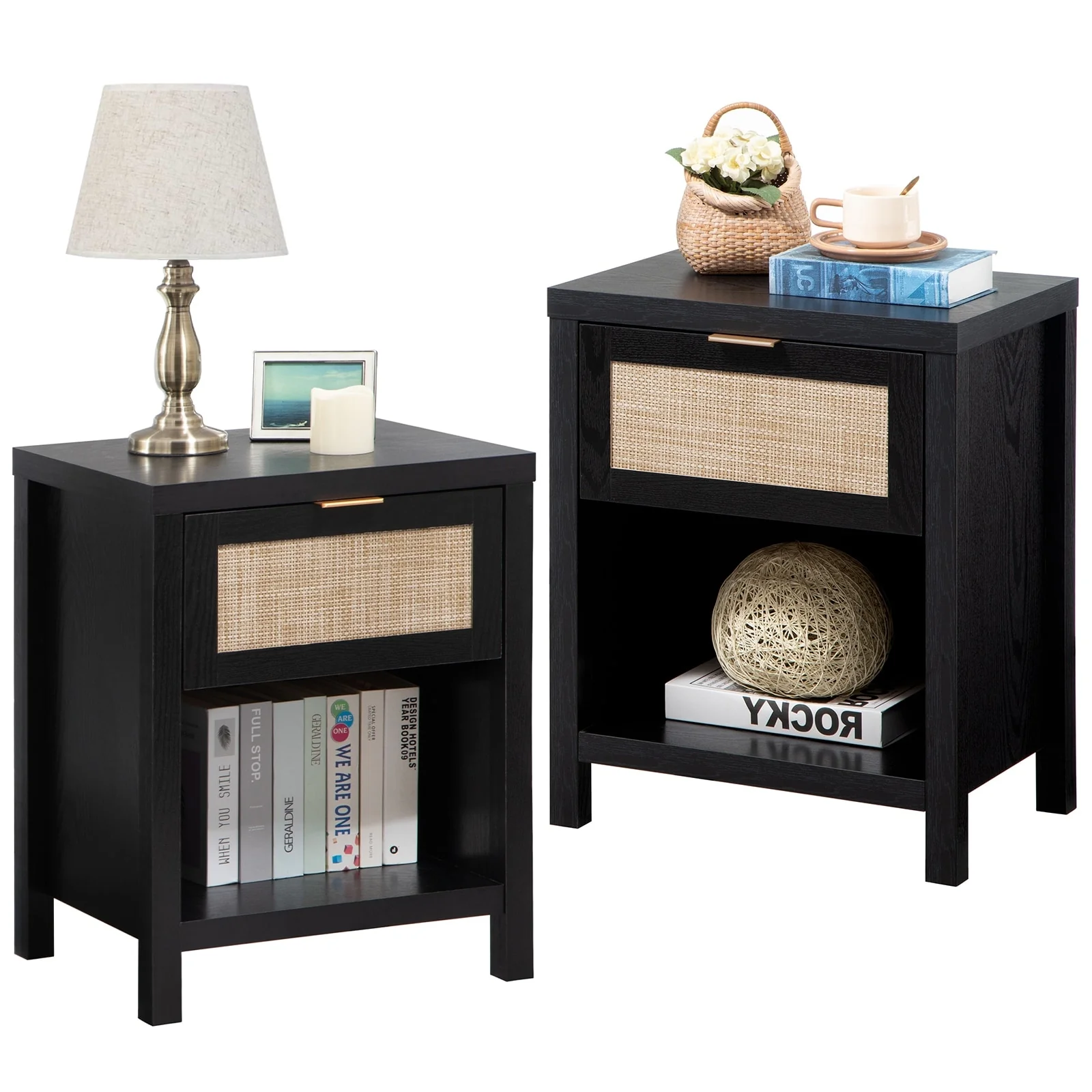 SICOTAS Farmhouse Rattan Nightstand Set of 2 with Drawer and Storage Shelf