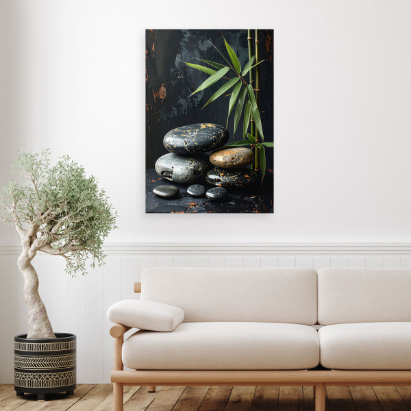 Obraz do salonu sypialni, Czarne kamienie zen spa liście na czarnym 20x30