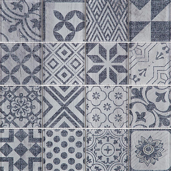 Mosaique de verre Motif Carreau Ciment Bleu/Gris 7.5 X 7.5 cm - vendu par plaque de 29.8X29.8 cm -