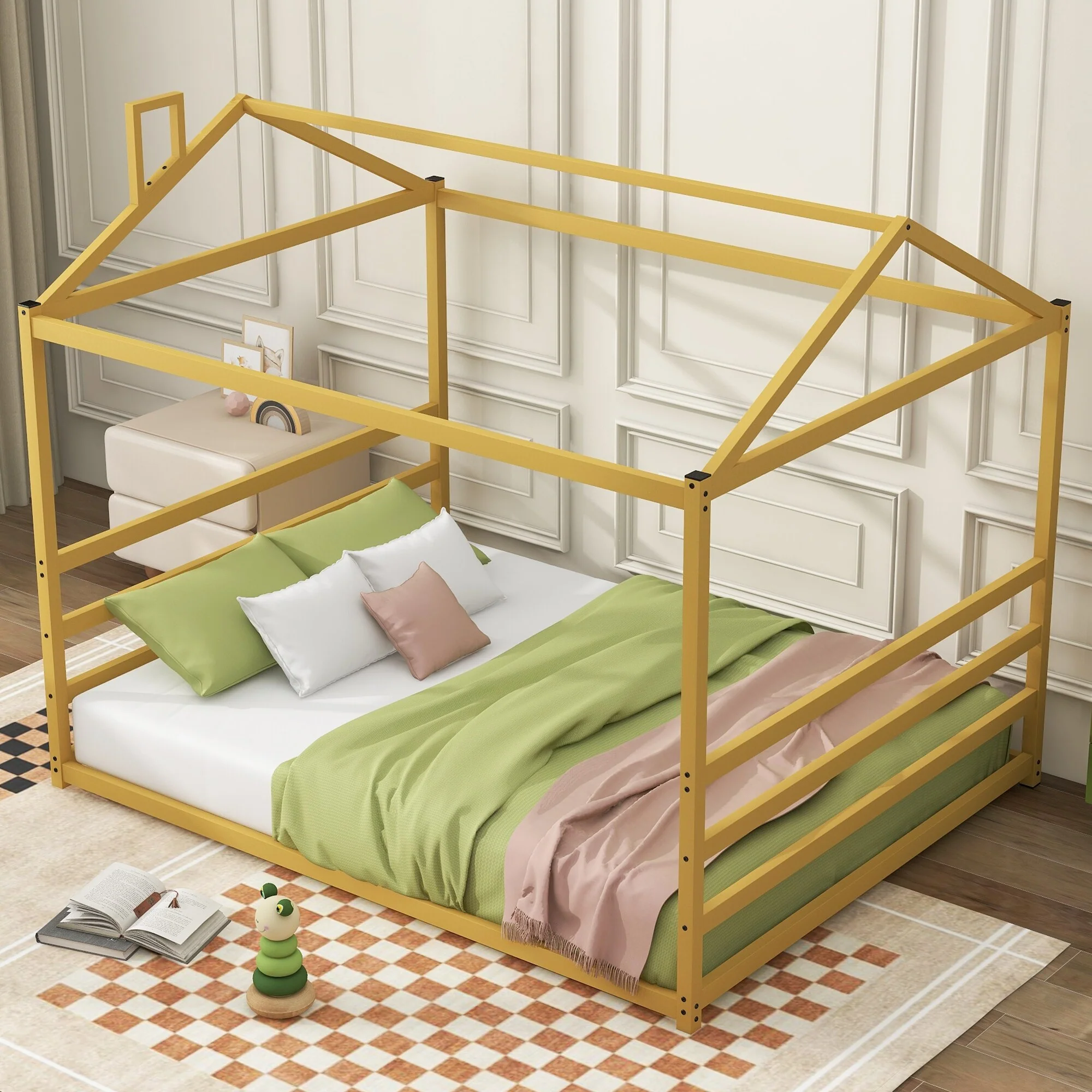 Queen Size House Shape Platform Bed, Modern Floor Bed with Roof and Metal Bed Frame, No Box Spring Needed for Bedroom