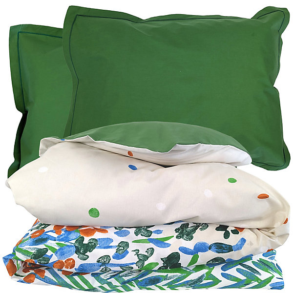 Parure 140x200 cm 50x70 cm coton éVASION Blanc vert 2 pièces