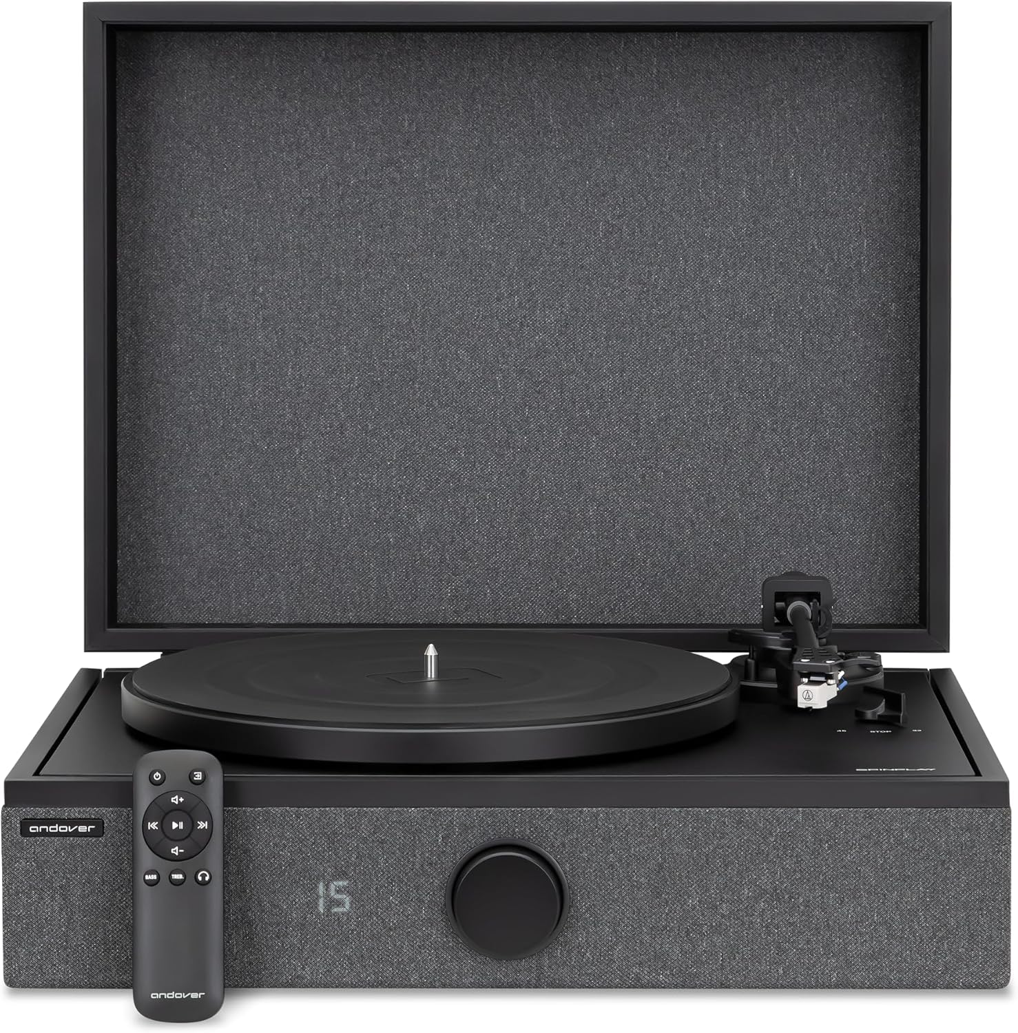 Andover Audio SpinPlay Premium All-in-One Record Player for Vinyl Record Playback - Semi-Automatic  Auto Power-On and Auto-Stop  Integrated Sound System with 270° Speaker Array - Black