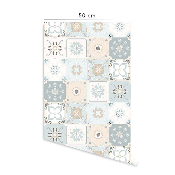 Crédence adhésive carreaux de ciment vert menthe et beige en vinyle lavable et amovible - 1 rouleau 50x300 cm - Decochic
