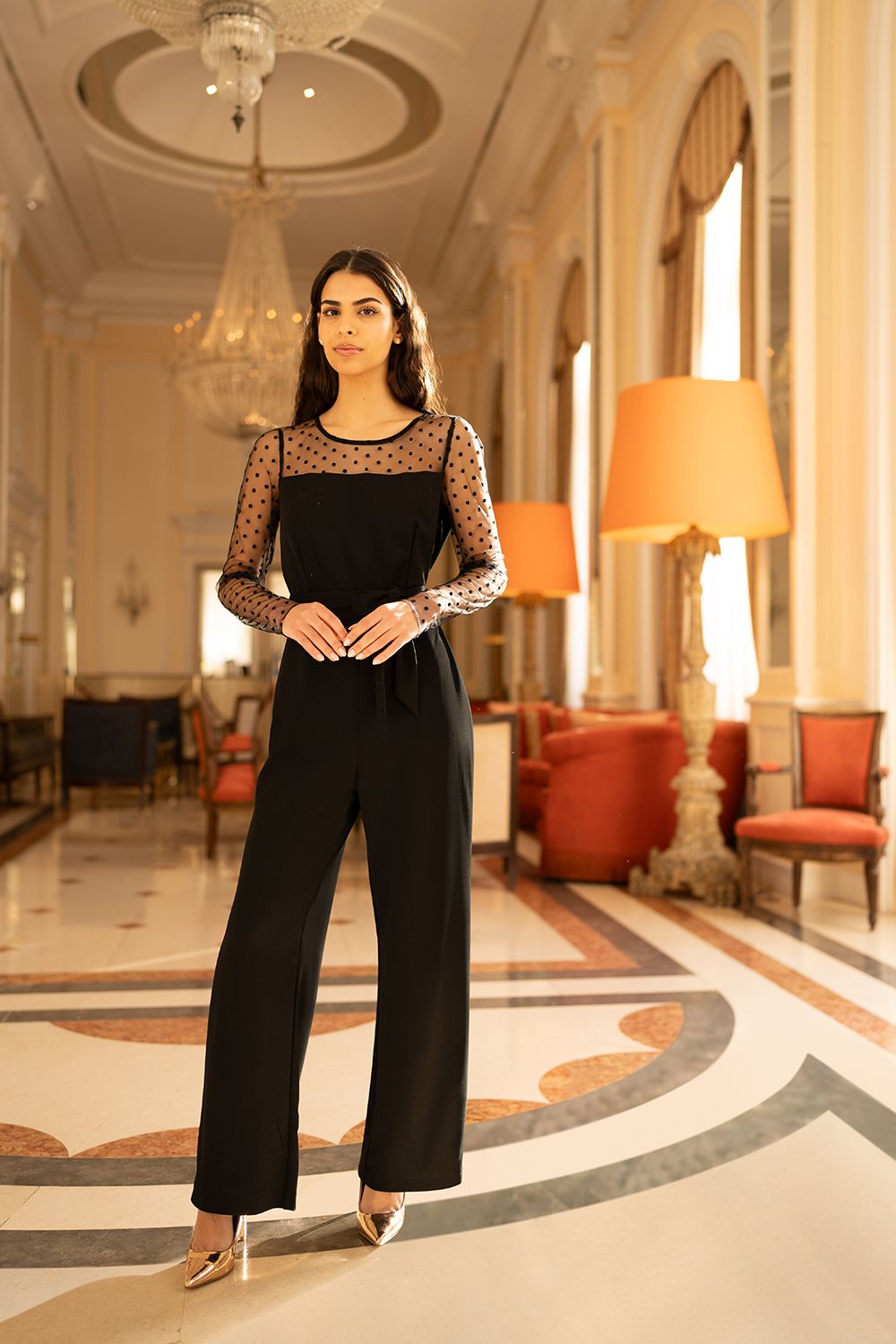 Yumi Black Spot Mesh Stretch Jumpsuit