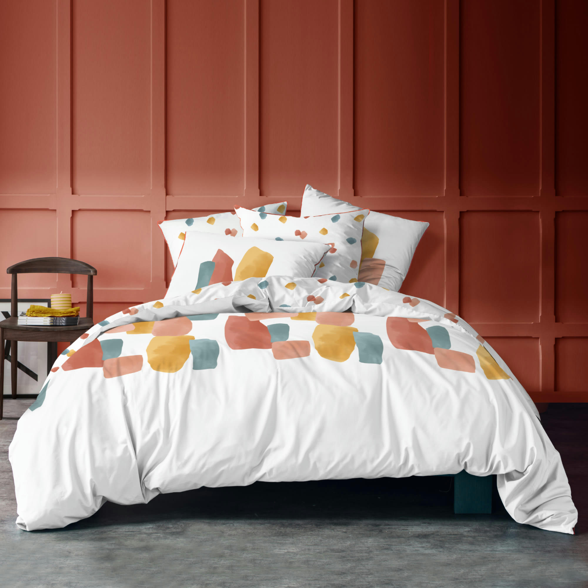 AQUARELLE - Housse de couette en percale de coton BIO Blanc, Orange 140x200cm